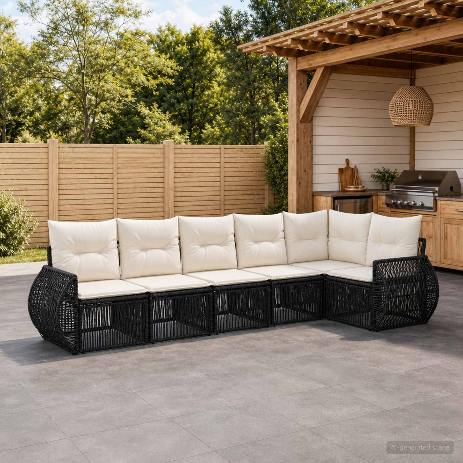 Gartensofa-set 6 stk. Schwarz und Cremeweiß Poly-Rattan