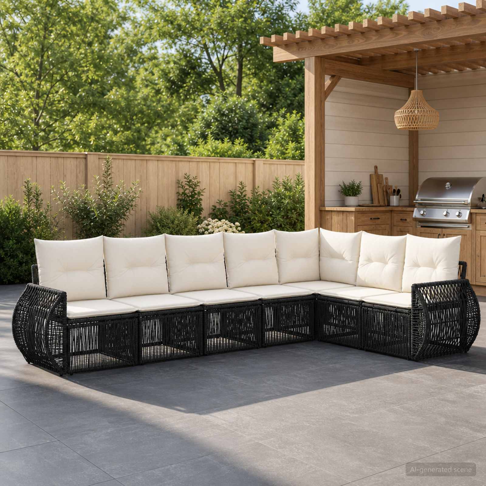 Gartensofa-set 7 stk. Schwarz und Cremeweiß Poly-Rattan