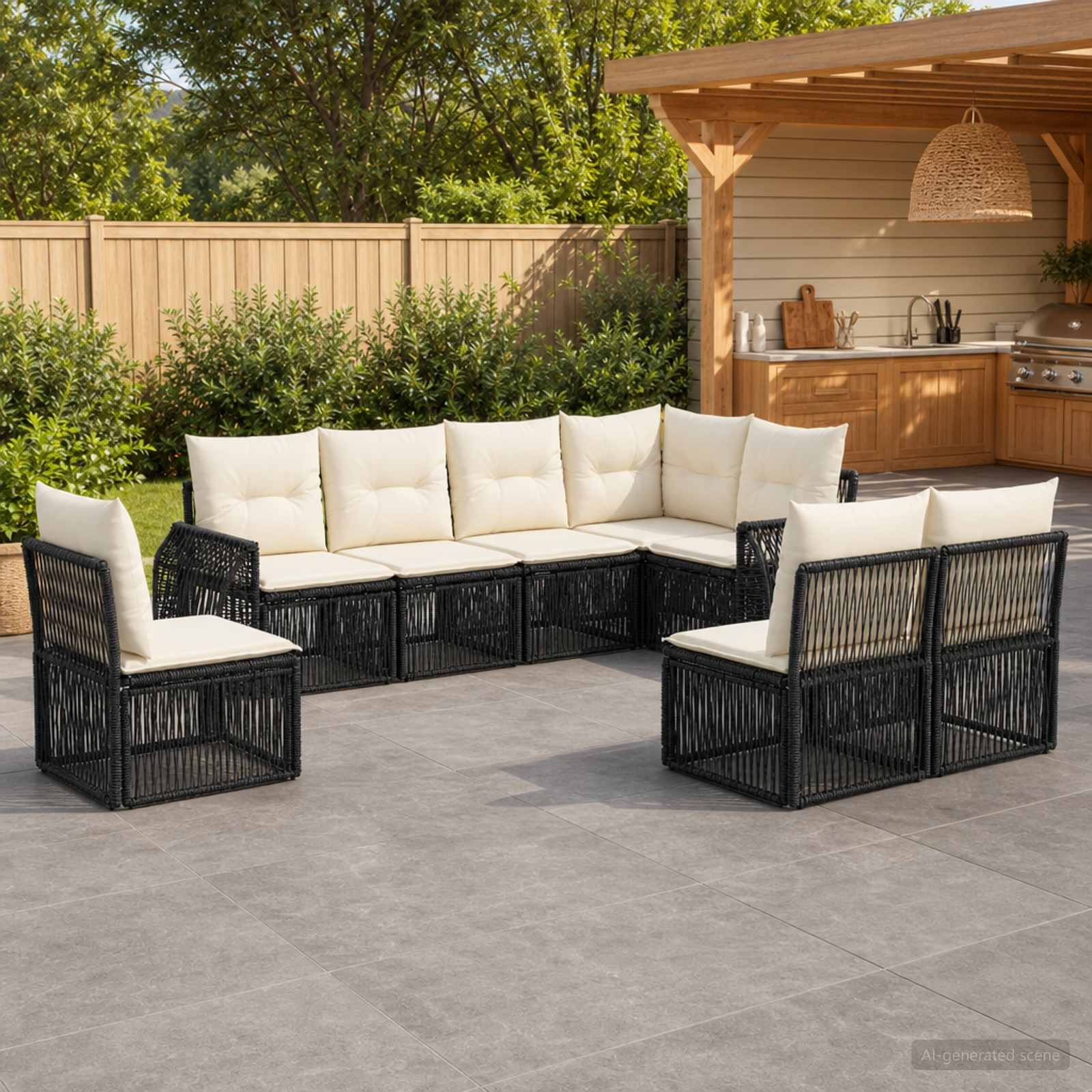 Gartensofa-set 8 stk. Schwarz und Cremeweiß Poly-Rattan