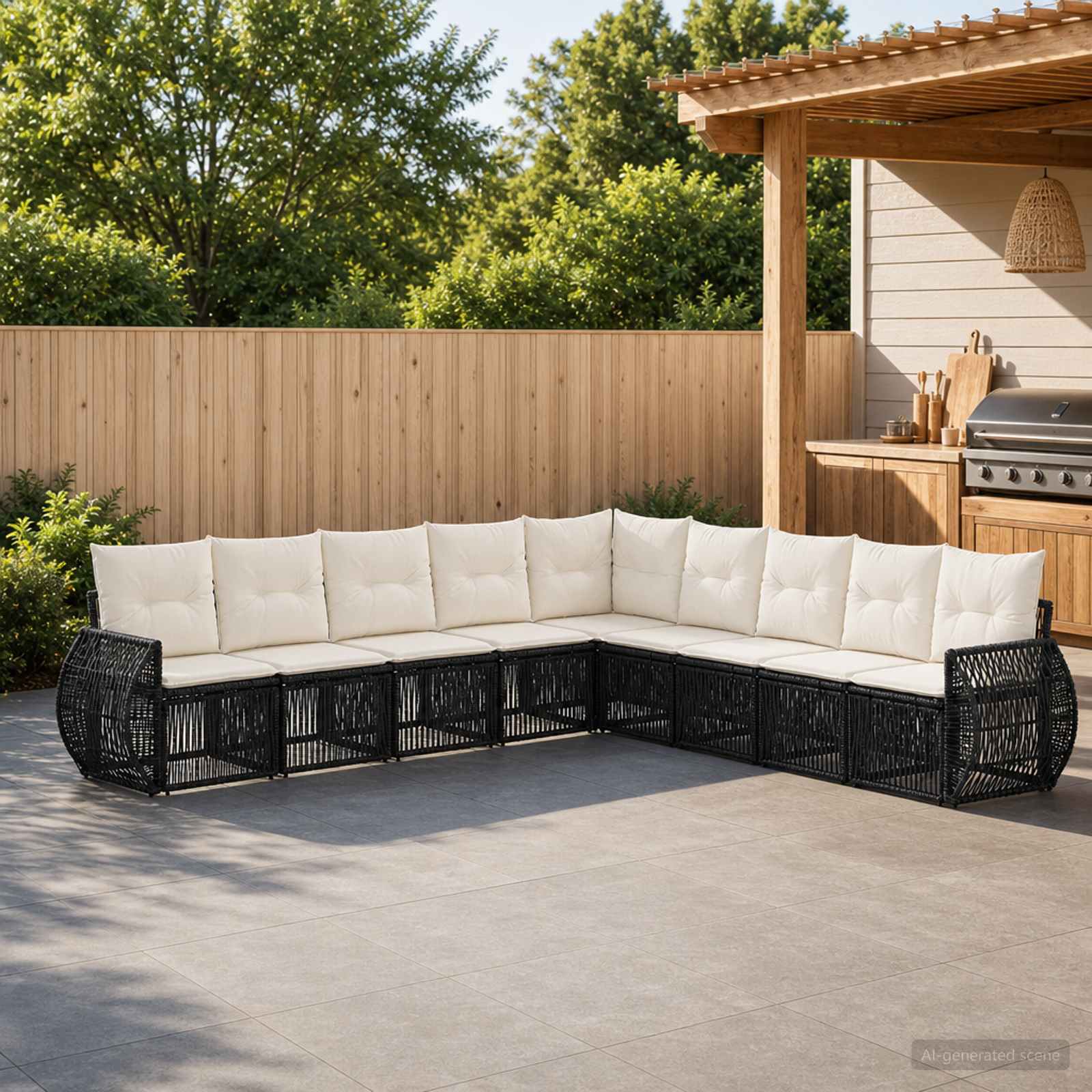 Gartensofa-set 9 stk. Schwarz und Cremeweiß Poly-Rattan