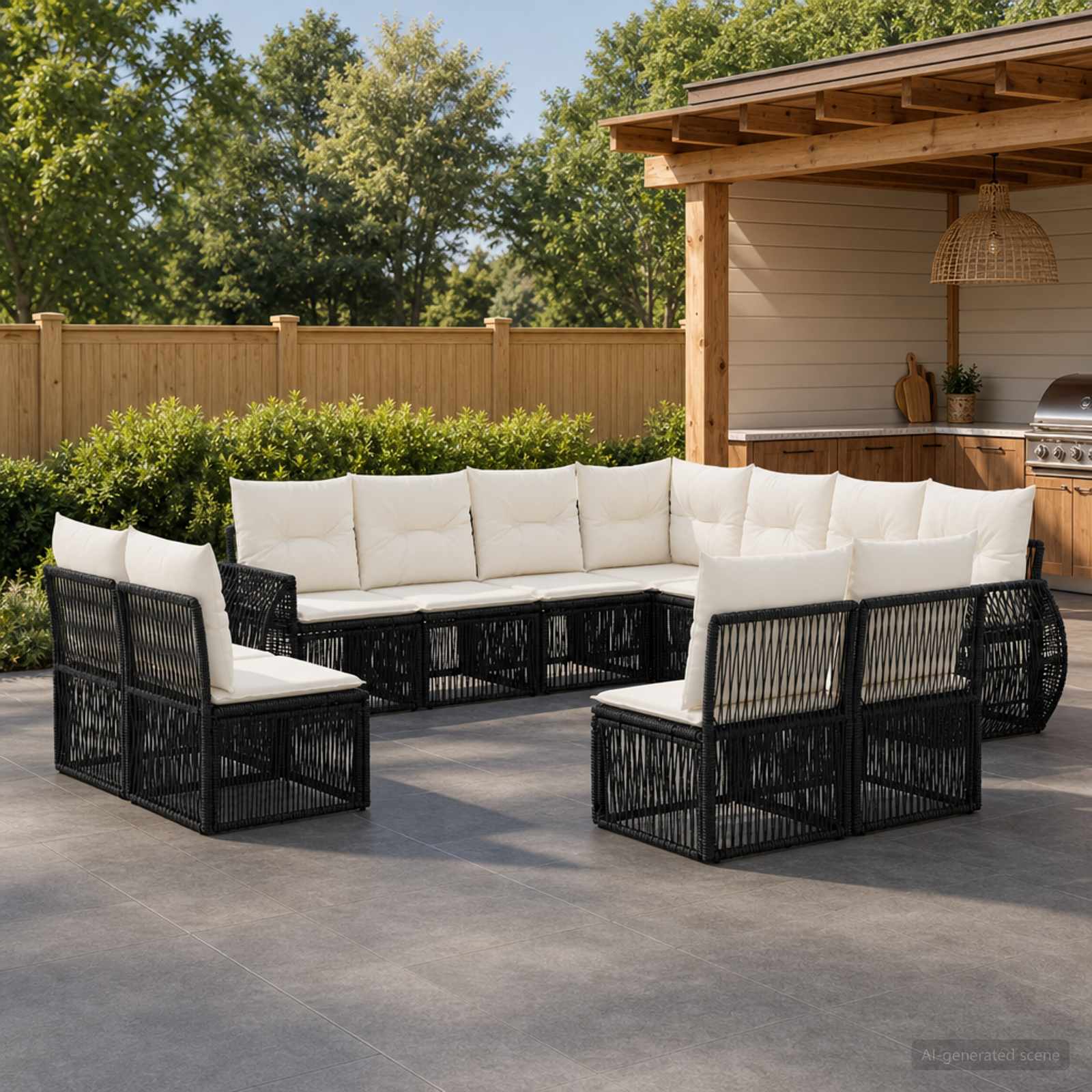 Gartensofa-set 11 stk. Schwarz und Cremeweiß Poly-Rattan