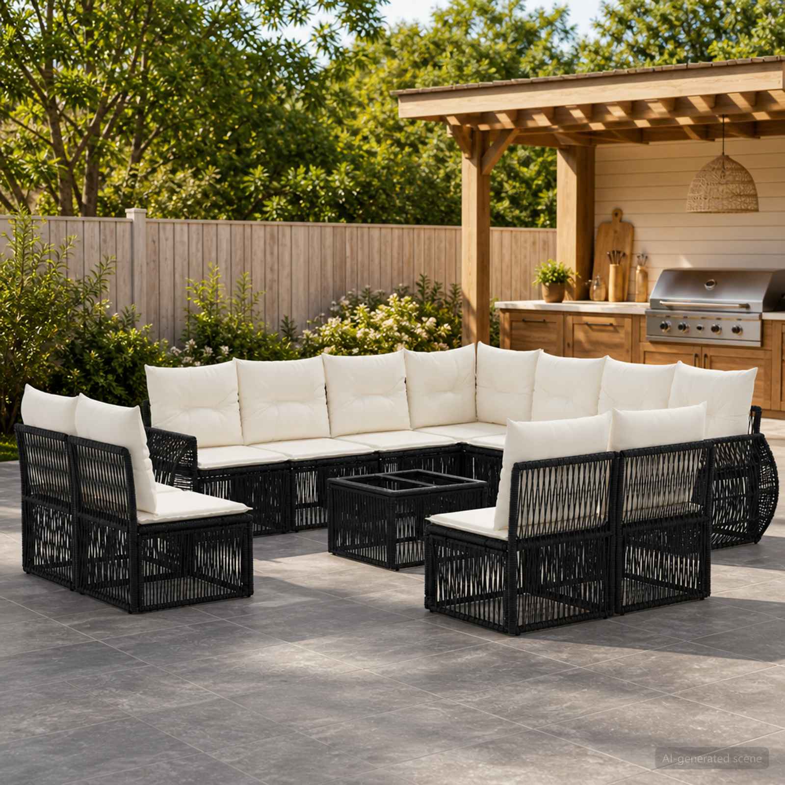 Gartensofa-set 12 stk. Schwarz und Cremeweiß Poly-Rattan