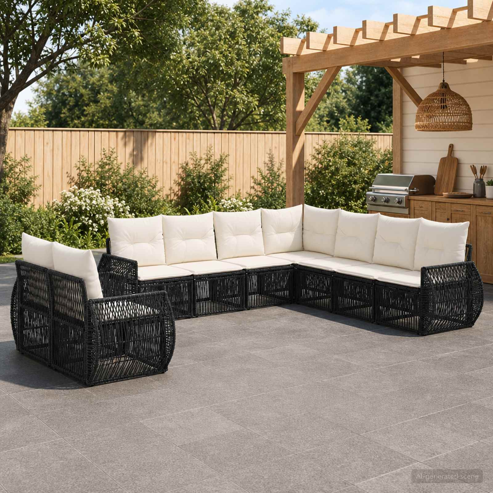 Gartensofa-set 9 stk. Schwarz und Cremeweiß Poly-Rattan