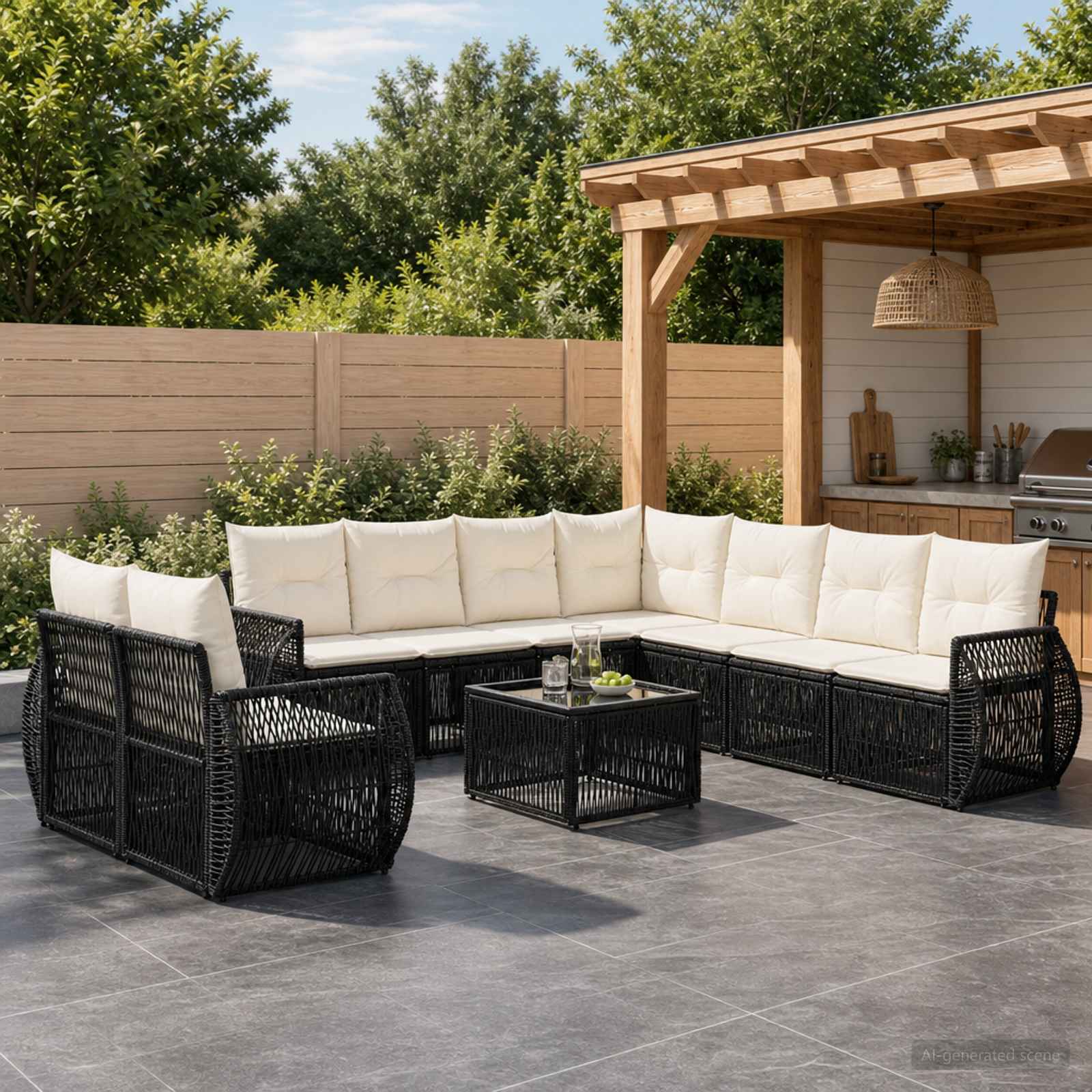 Gartensofa-set 10 stk. Schwarz und Cremeweiß Poly-Rattan