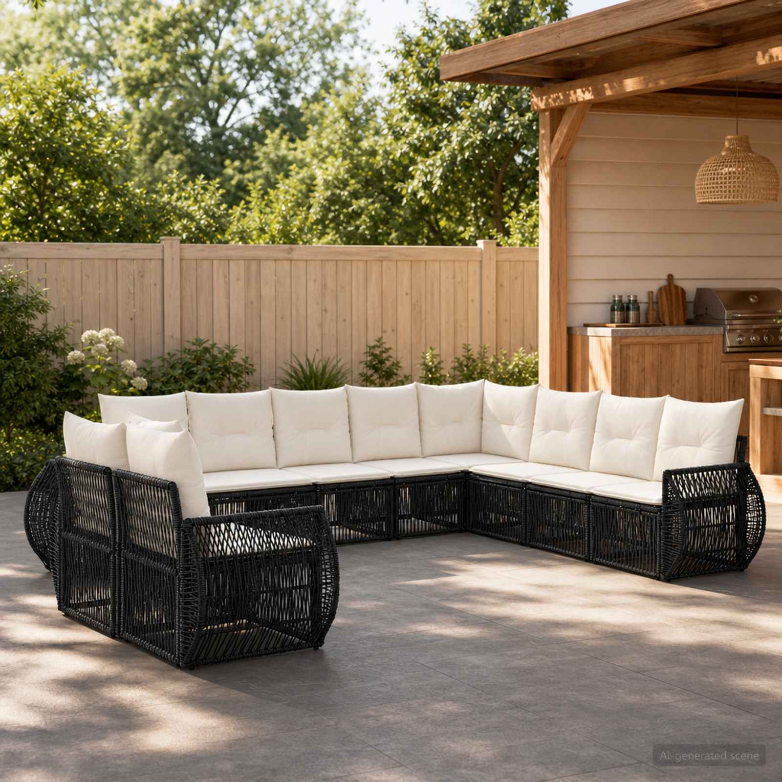 Gartensofa-set 10 stk. Schwarz und Cremeweiß Poly-Rattan