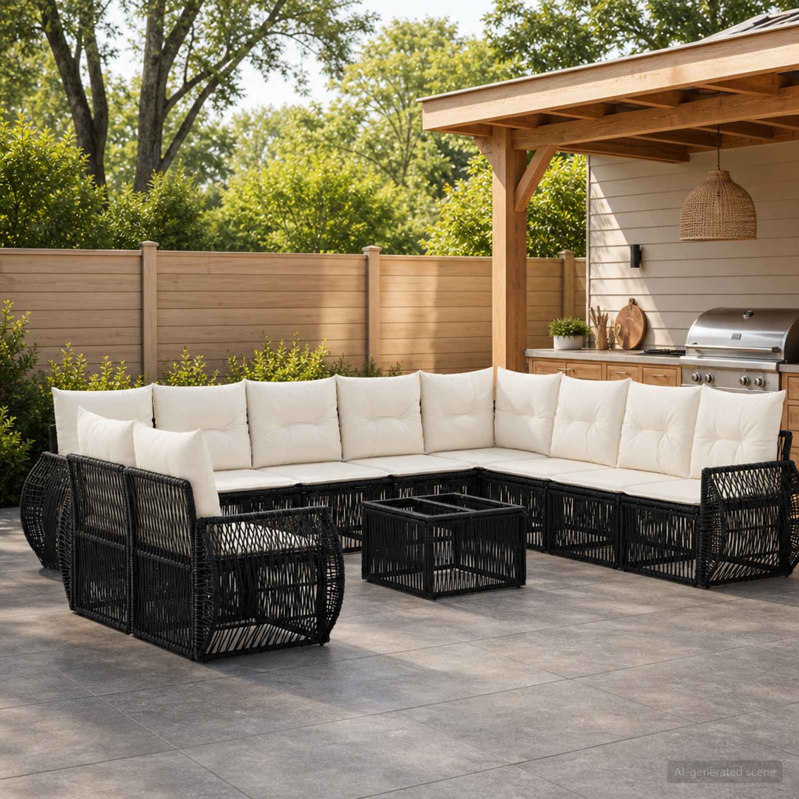 Gartensofa-set 11 stk. Schwarz und Cremeweiß Poly-Rattan
