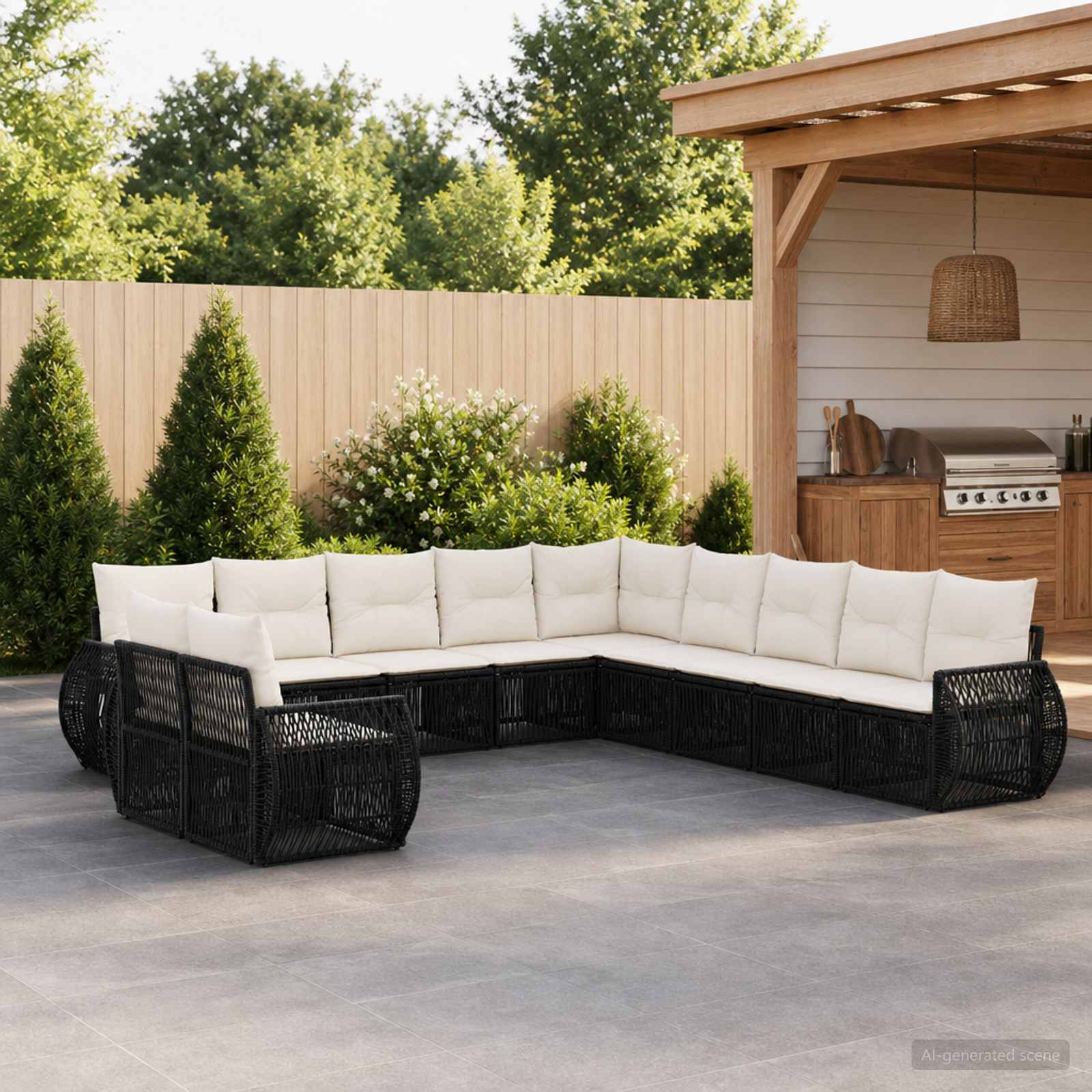 Gartensofa-set 11 stk. Schwarz und Cremeweiß Poly-Rattan