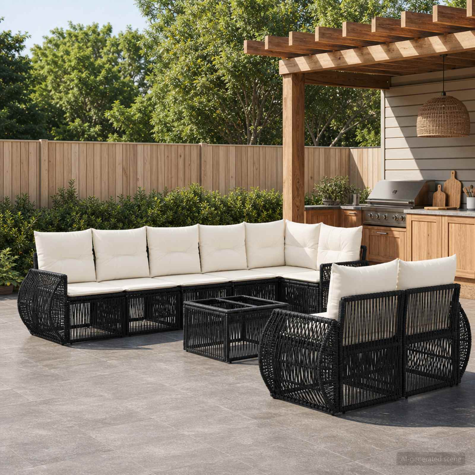 Gartensofa-set 9 stk. Schwarz und Cremeweiß Poly-Rattan