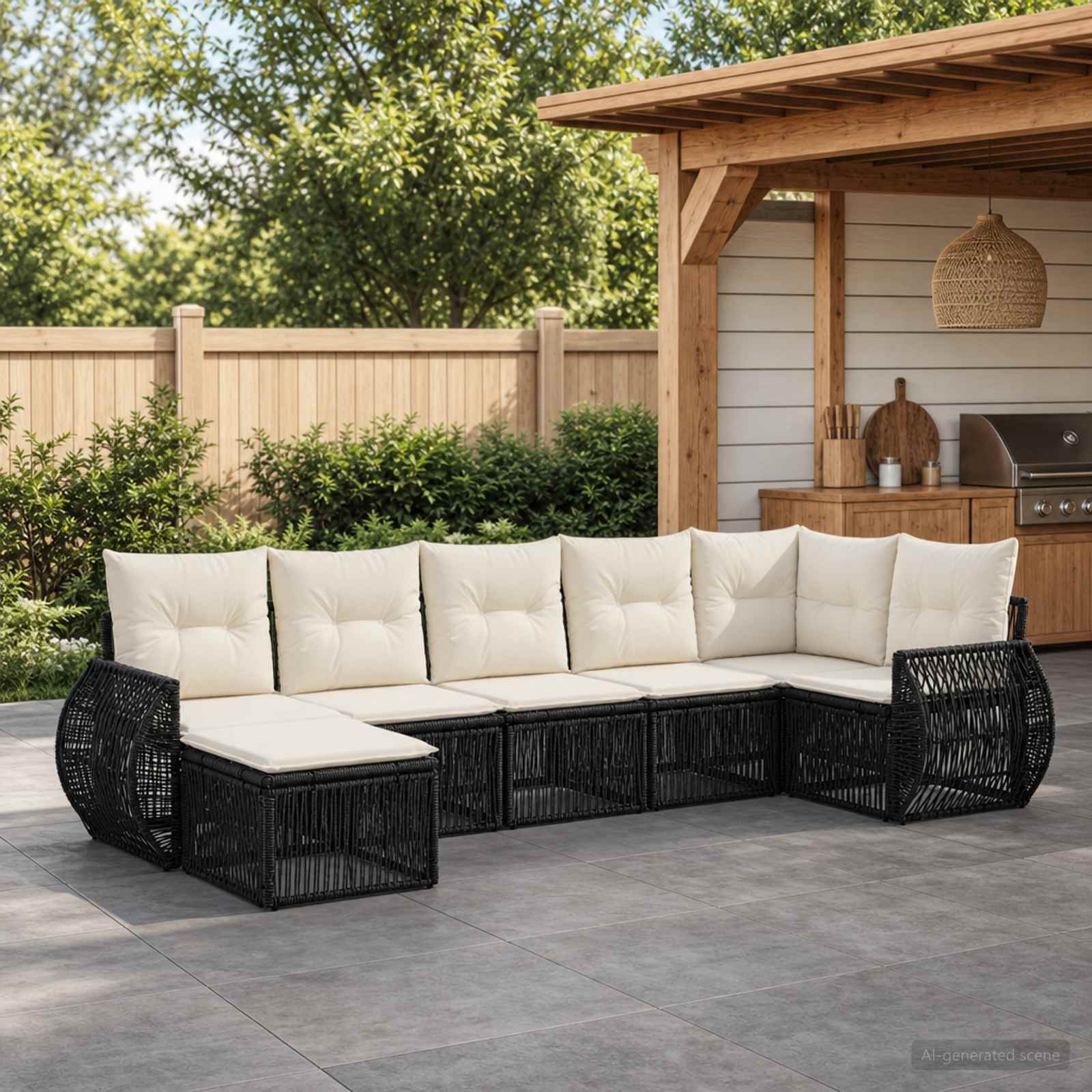 Gartensofa-set 7 stk. Schwarz und Cremeweiß Poly-Rattan