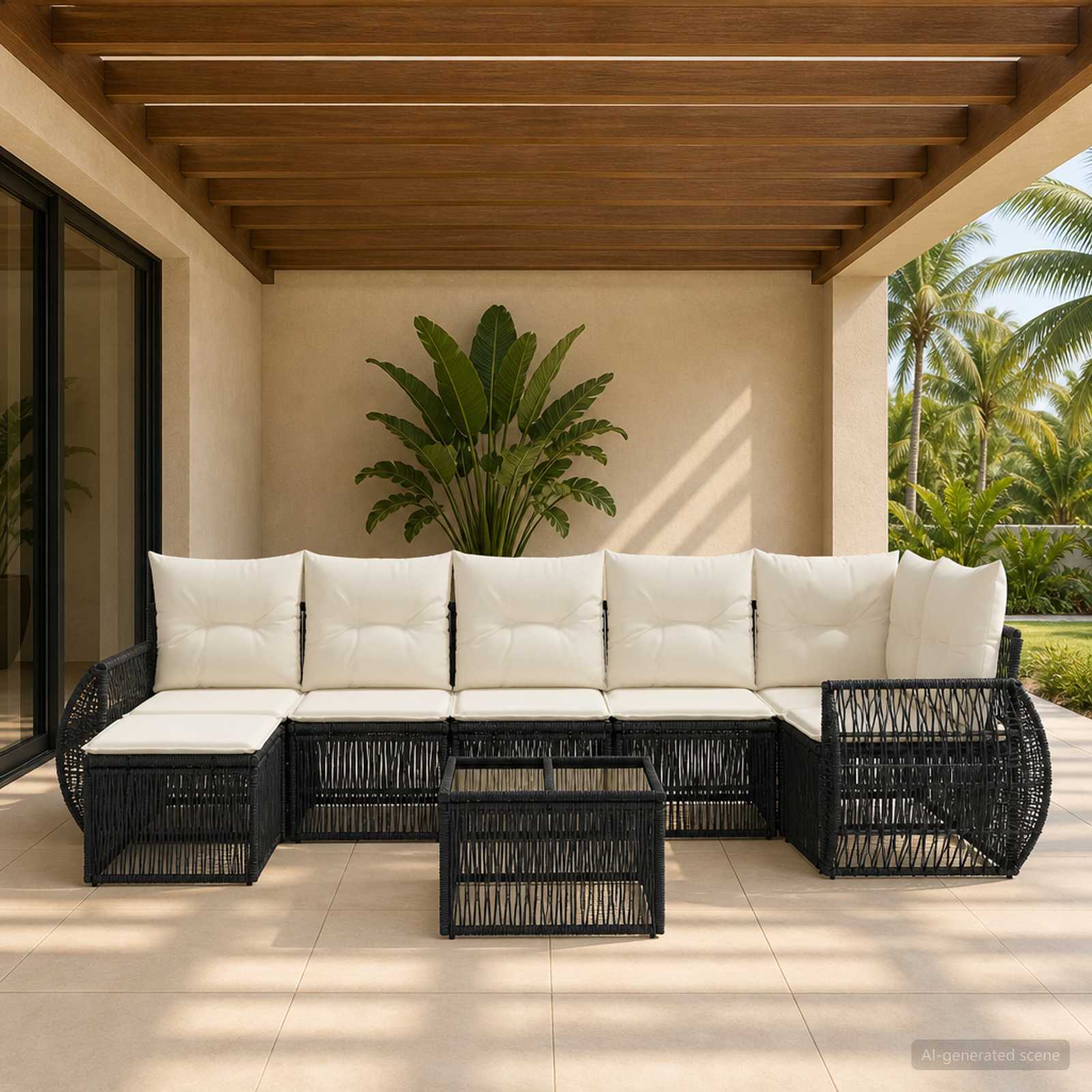Gartensofa-set 8 stk. Schwarz und Cremeweiß Poly-Rattan