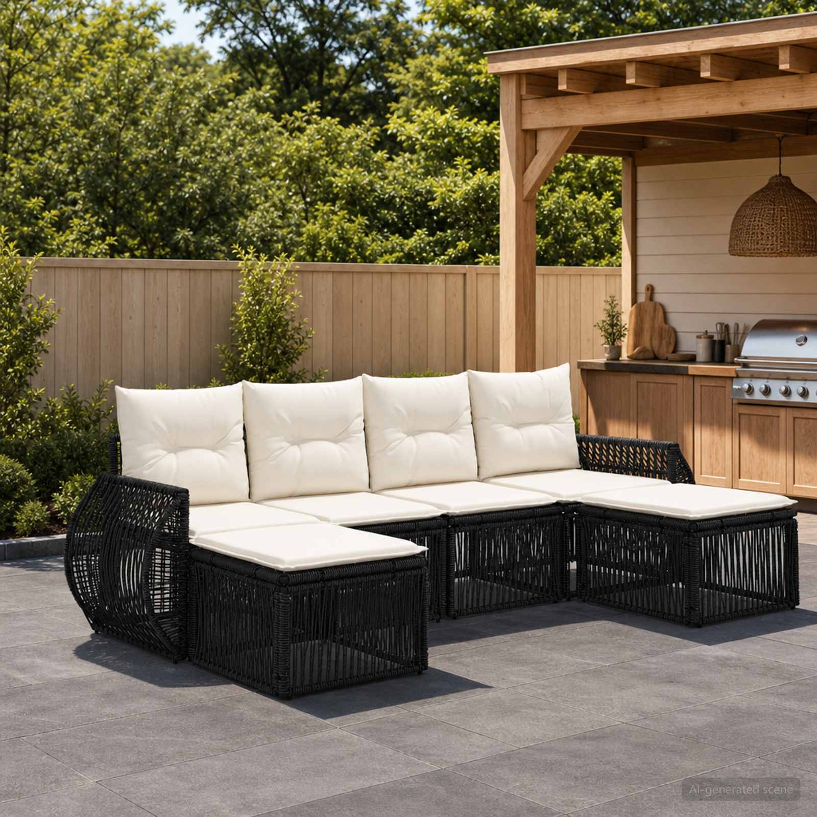 Gartensofa-set 6 stk. Schwarz und Cremeweiß Poly-Rattan