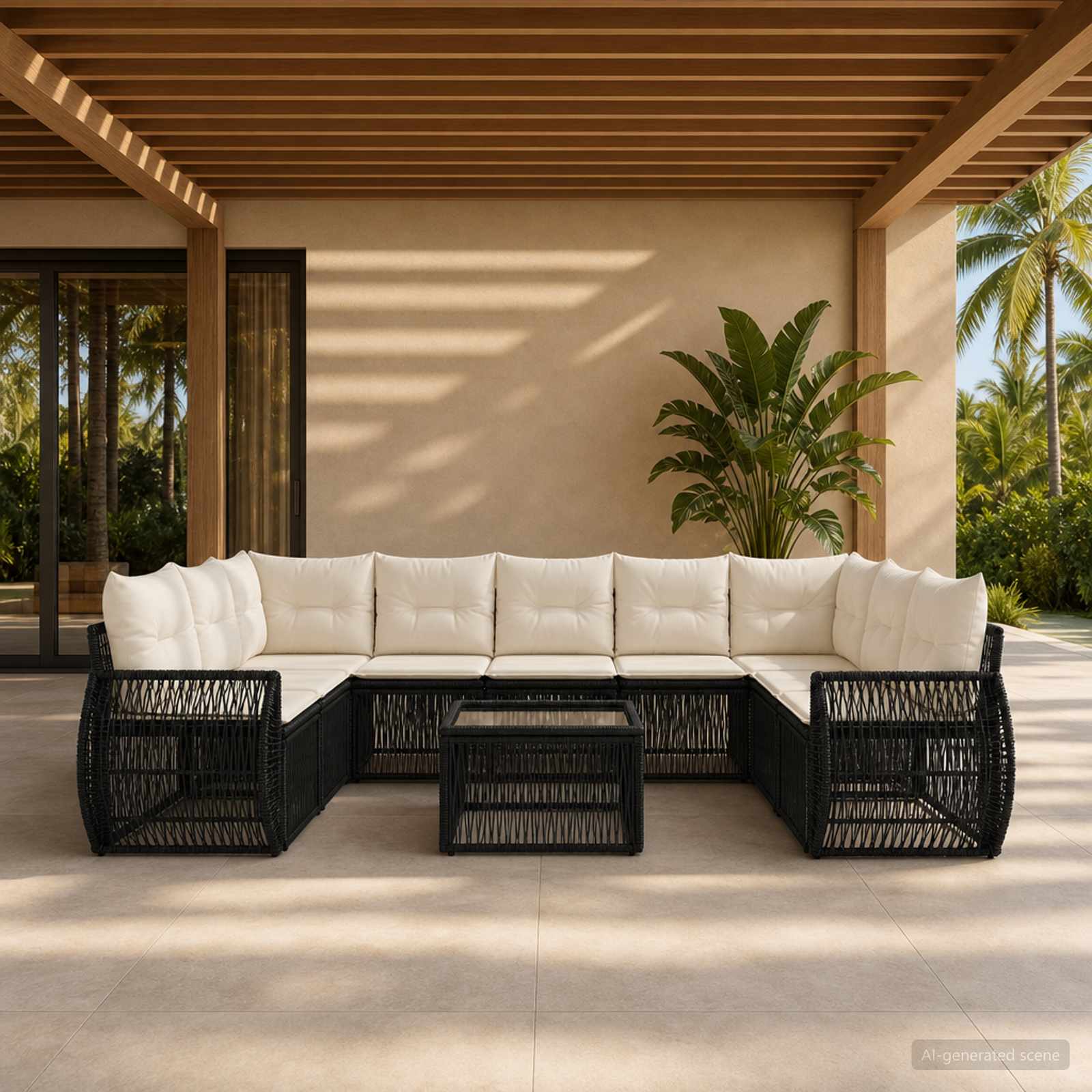 Gartensofa-set 10 stk. Schwarz und Cremeweiß Poly-Rattan
