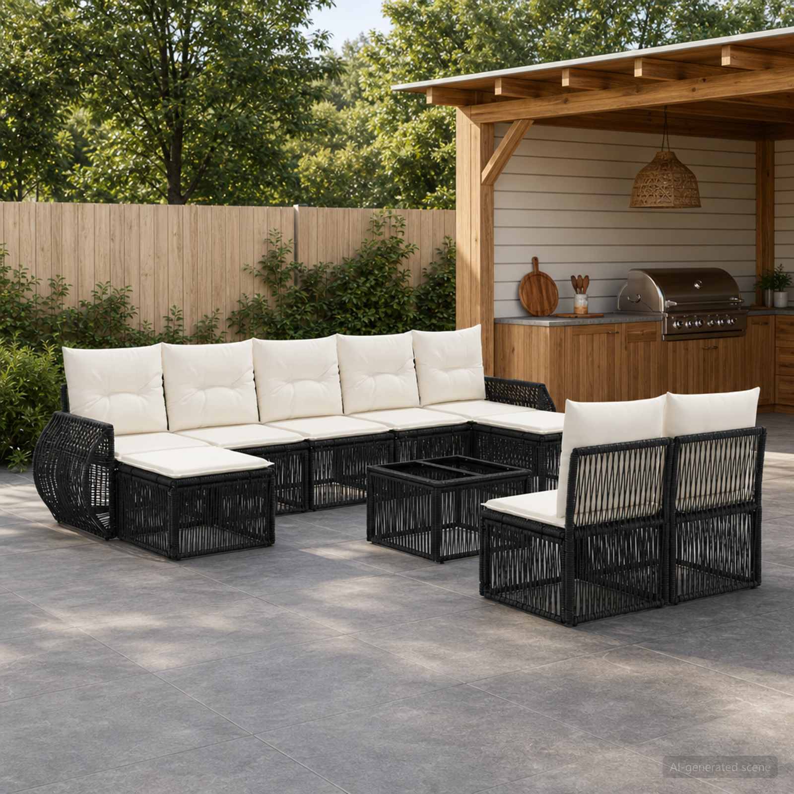 Gartensofa-set 10 stk. Schwarz und Cremeweiß Poly-Rattan