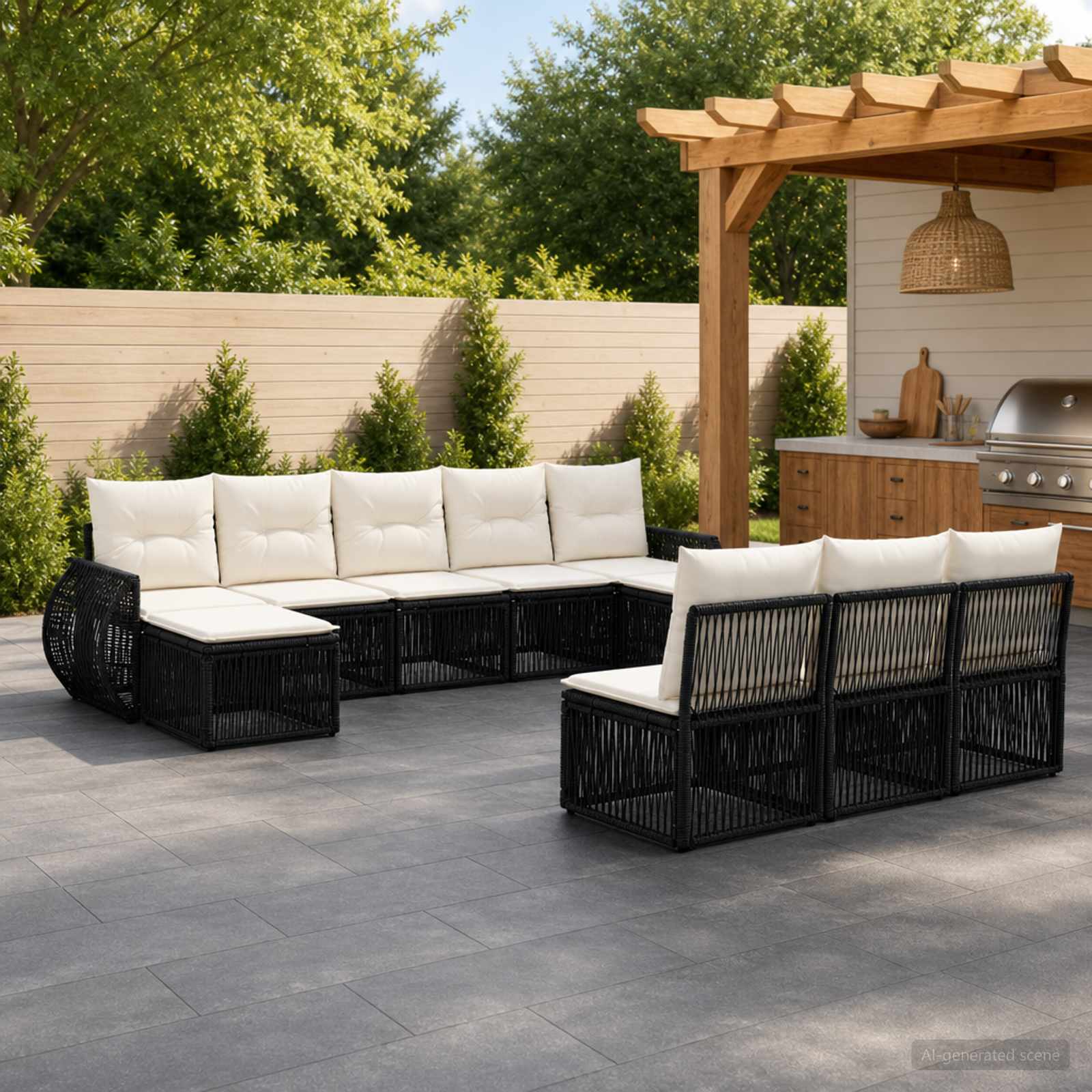 Gartensofa-set 10 stk. Schwarz und Cremeweiß Poly-Rattan