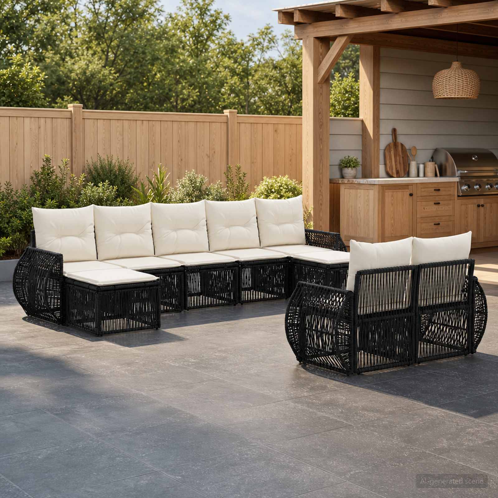 Gartensofa-set 9 stk. Schwarz und Cremeweiß Poly-Rattan