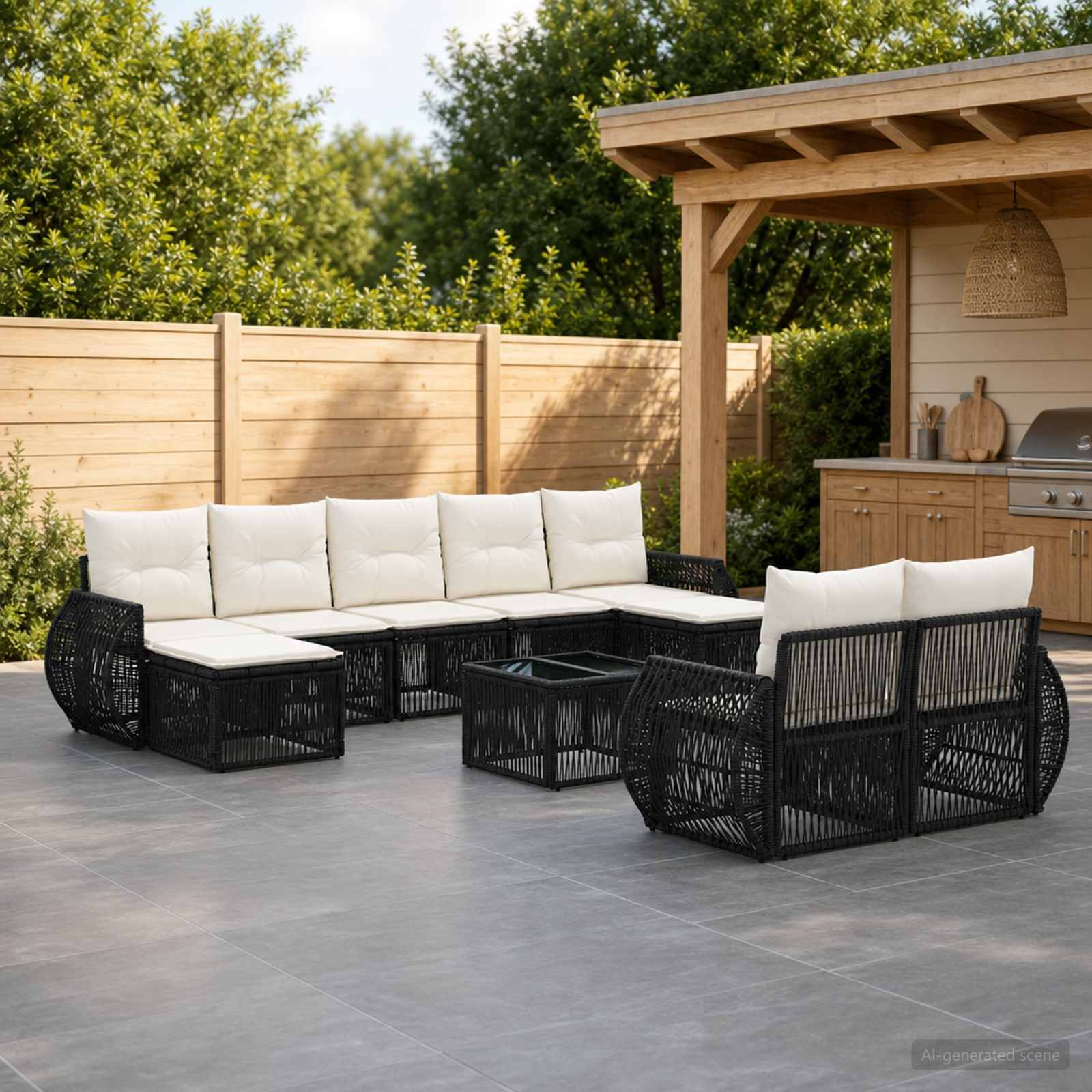 Gartensofa-set 10 stk. Schwarz und Cremeweiß Poly-Rattan