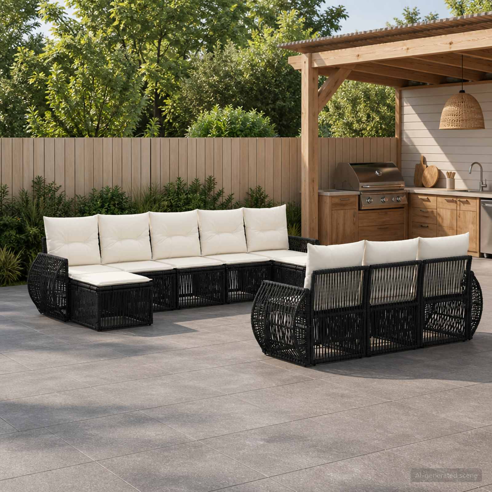 Gartensofa-set 10 stk. Schwarz und Cremeweiß Poly-Rattan