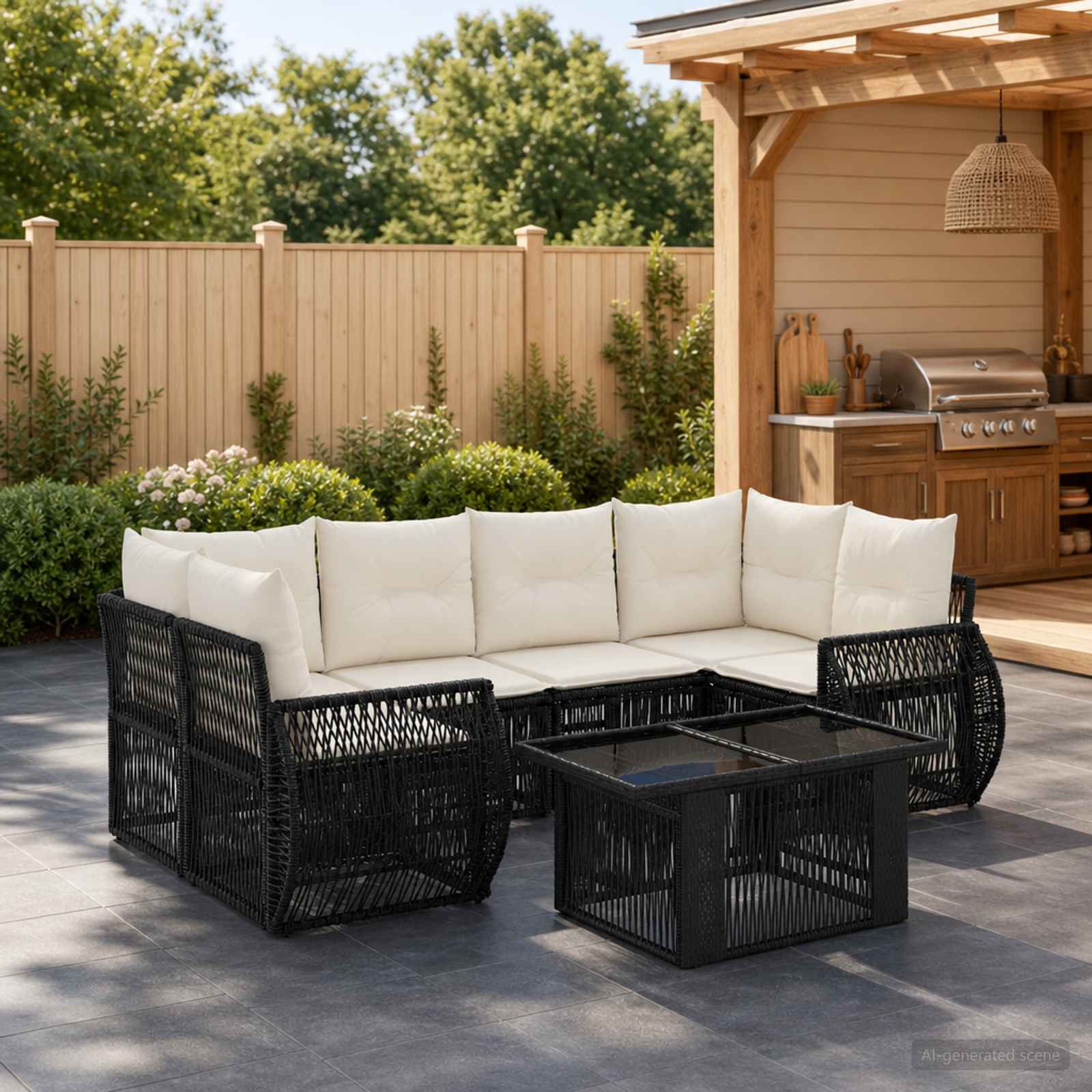 Gartensofa-set 7 stk. Schwarz und Cremeweiß Poly-Rattan
