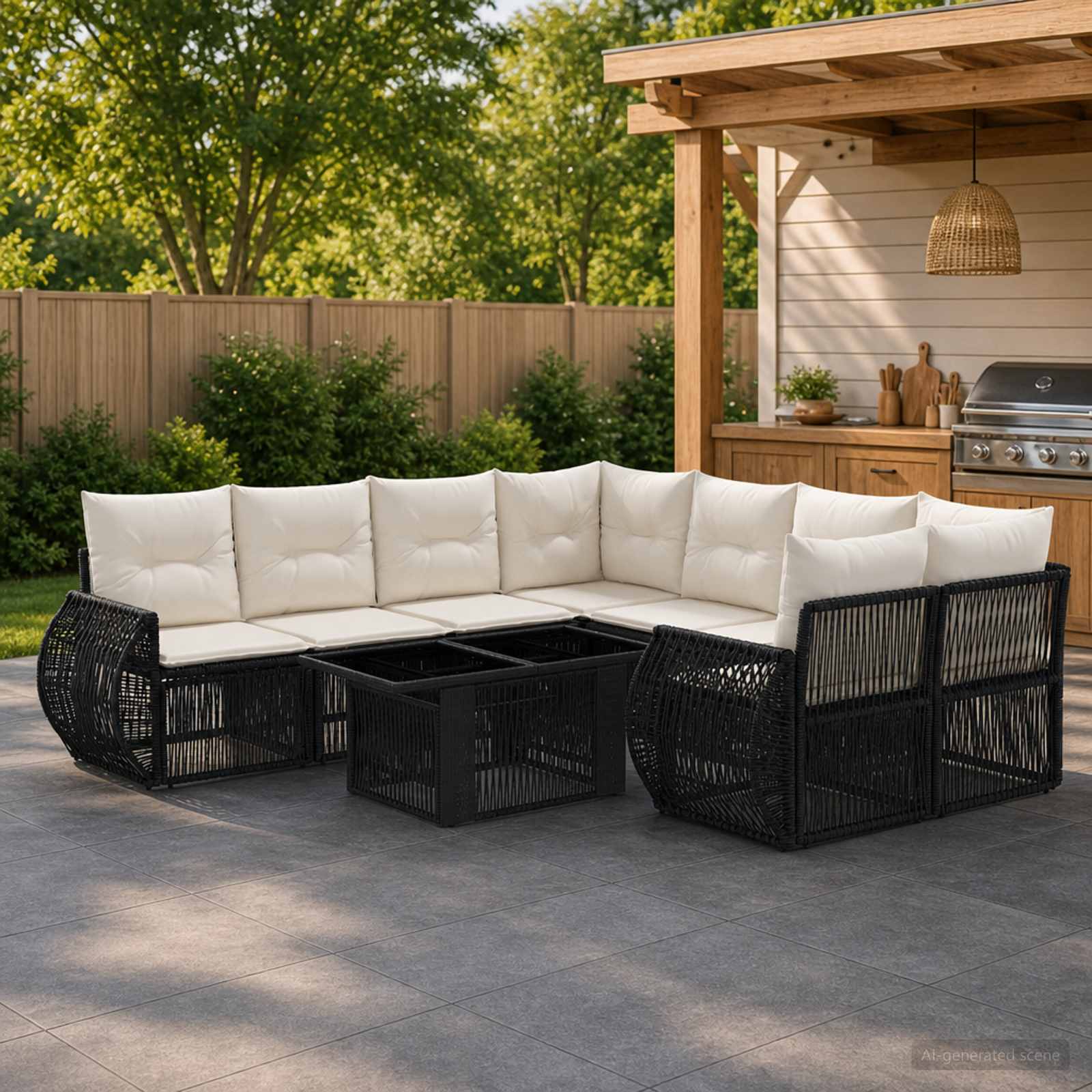 Gartensofa-set 9 stk. Schwarz und Cremeweiß Poly-Rattan