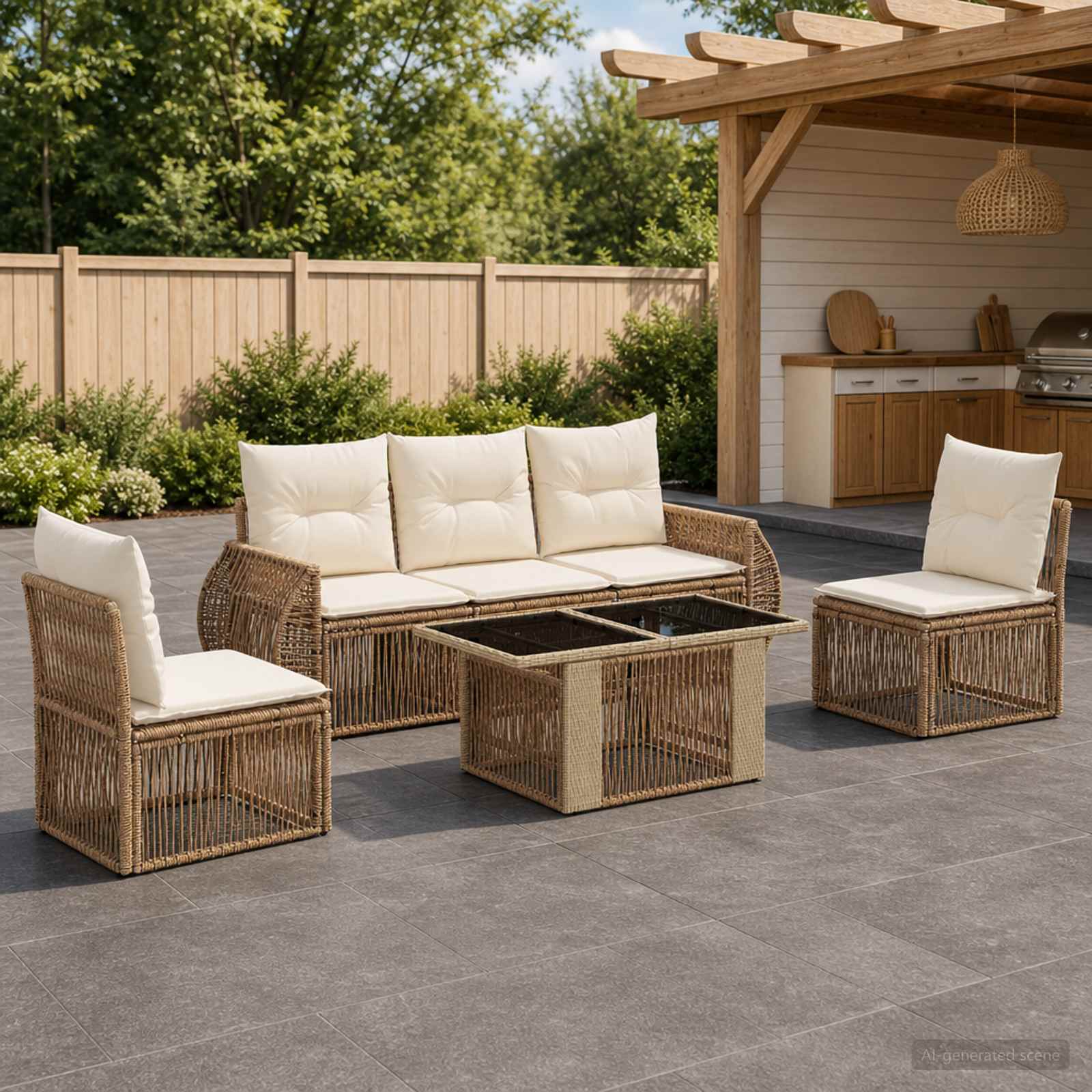 Gartensofa-set 6 stk. Beige und Cremeweiß Poly-Rattan
