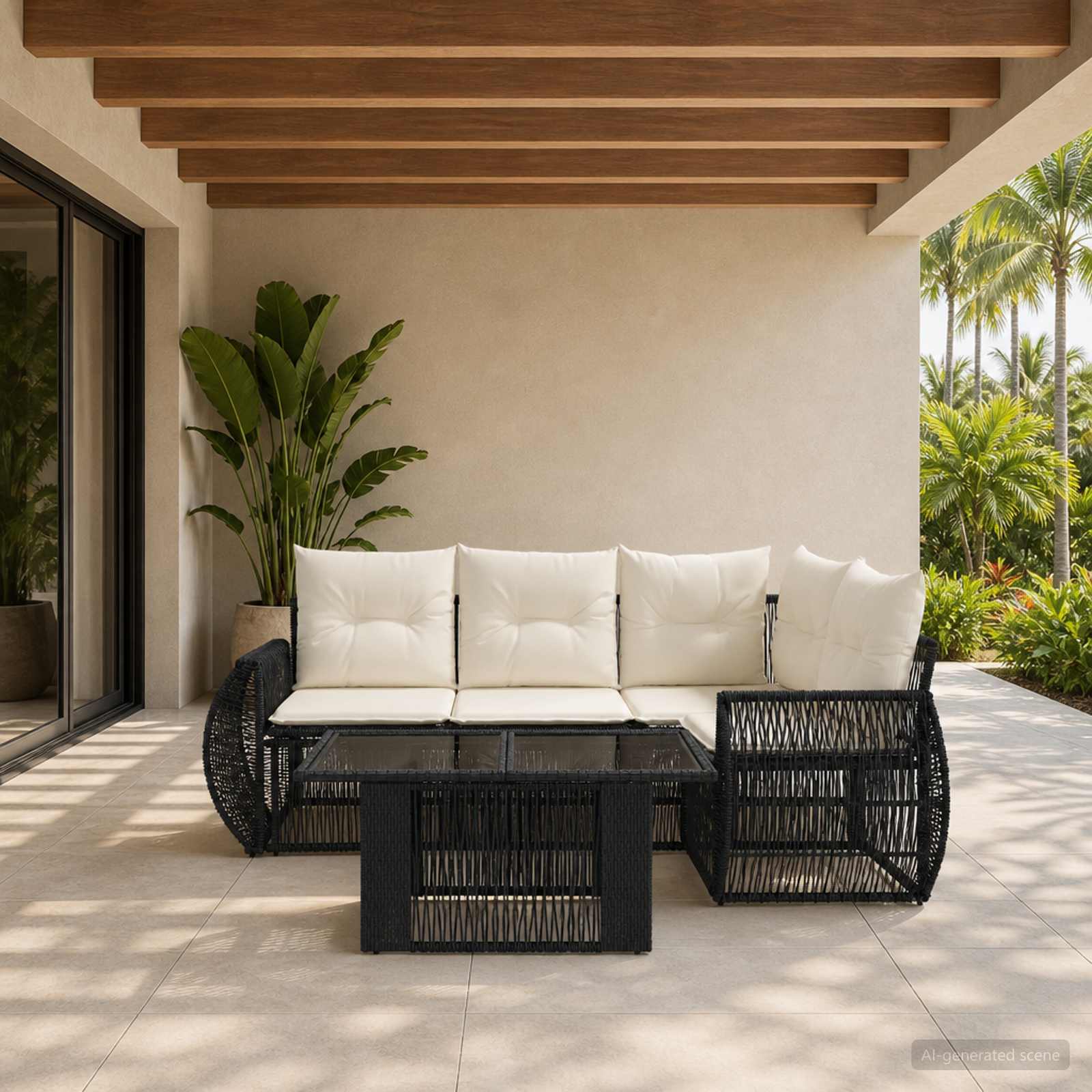 Gartensofa-set 5 stk. Schwarz und Cremeweiß Poly-Rattan