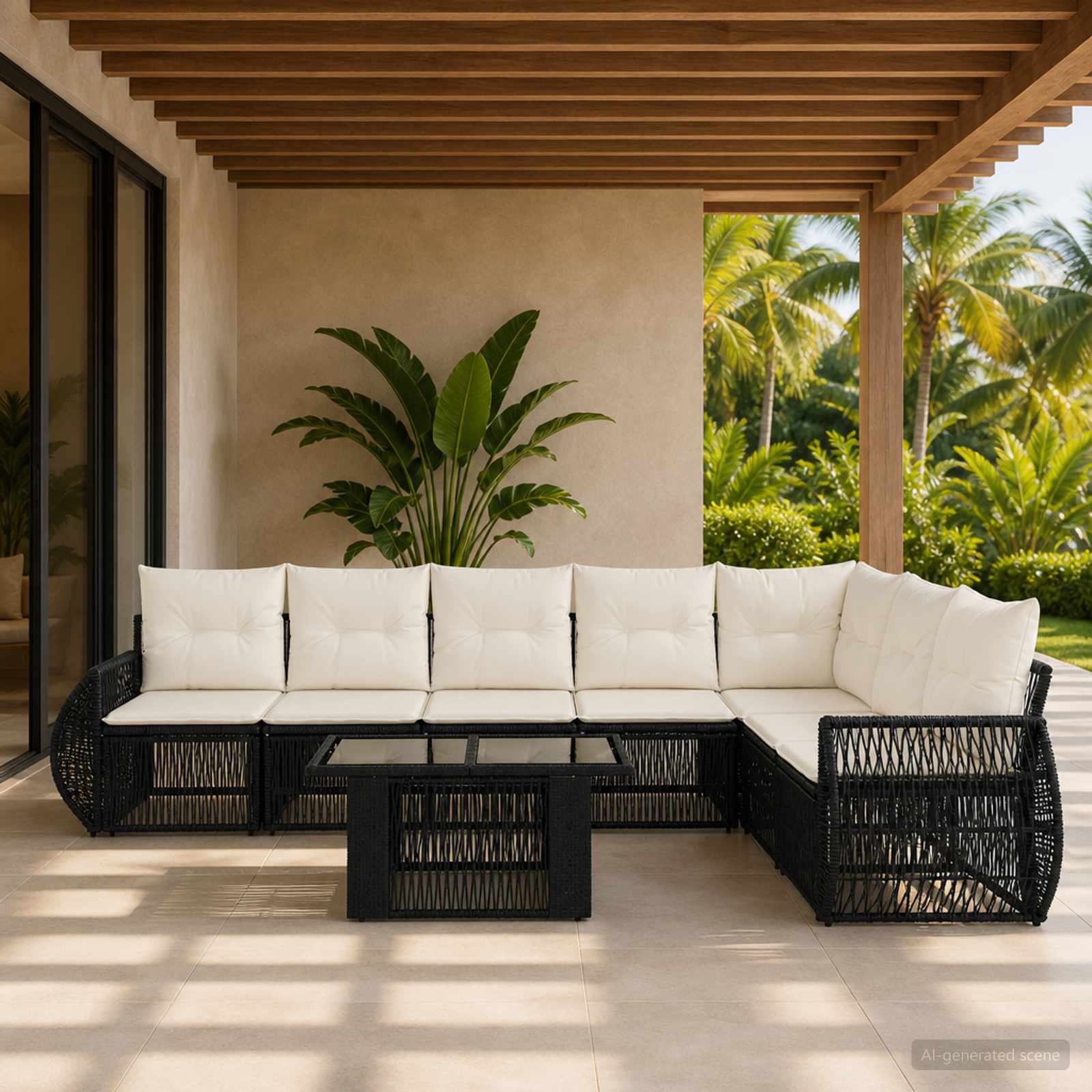 Gartensofa-set 8 stk. Schwarz und Cremeweiß Poly-Rattan
