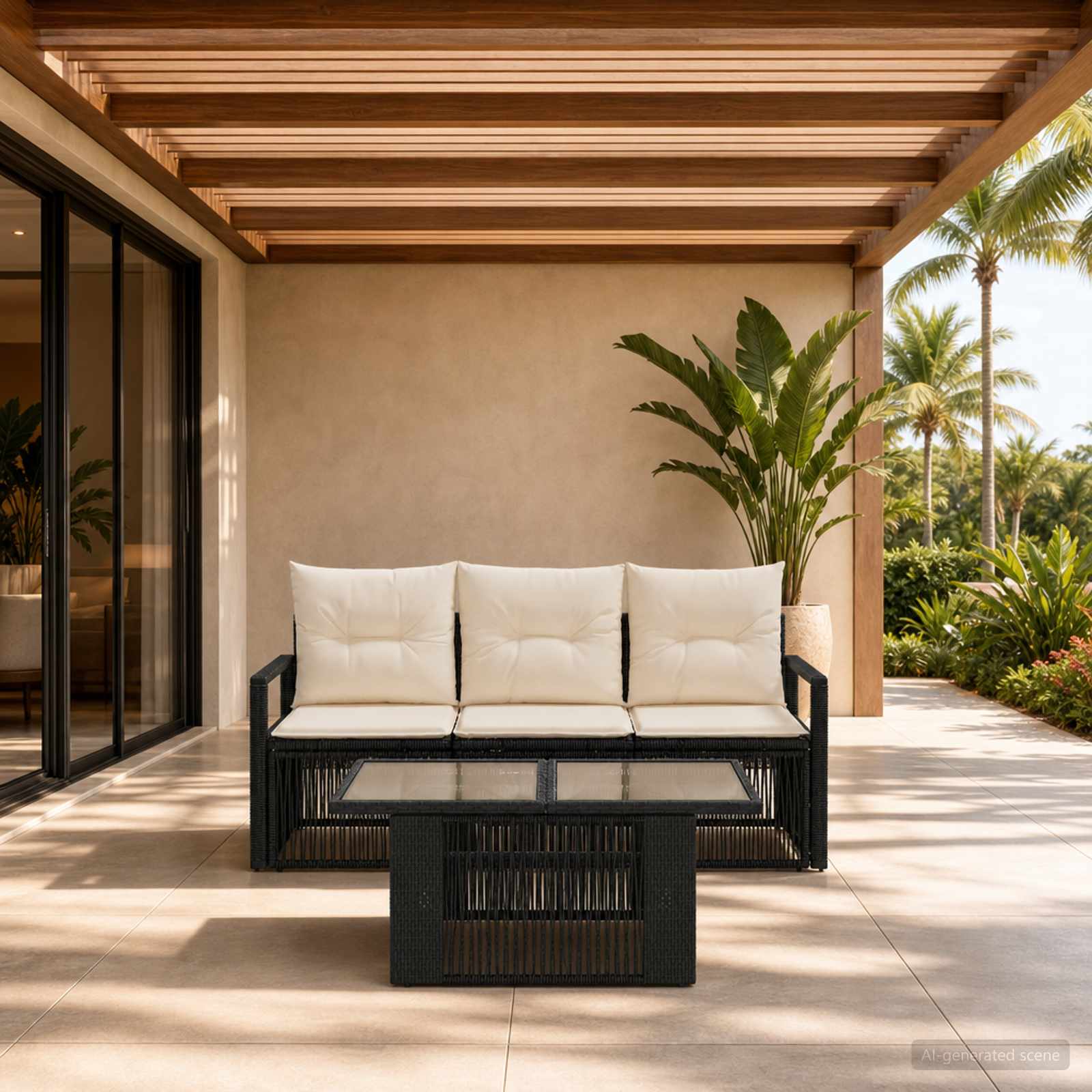 Gartensofa-set 4 stk. Schwarz und Cremeweiß Poly-Rattan