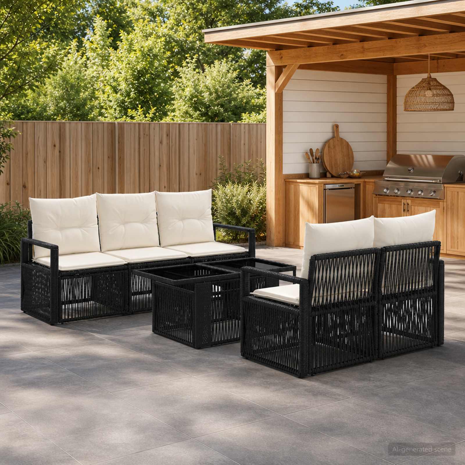 Gartensofa-set 6 stk. Schwarz und Cremeweiß Poly-Rattan