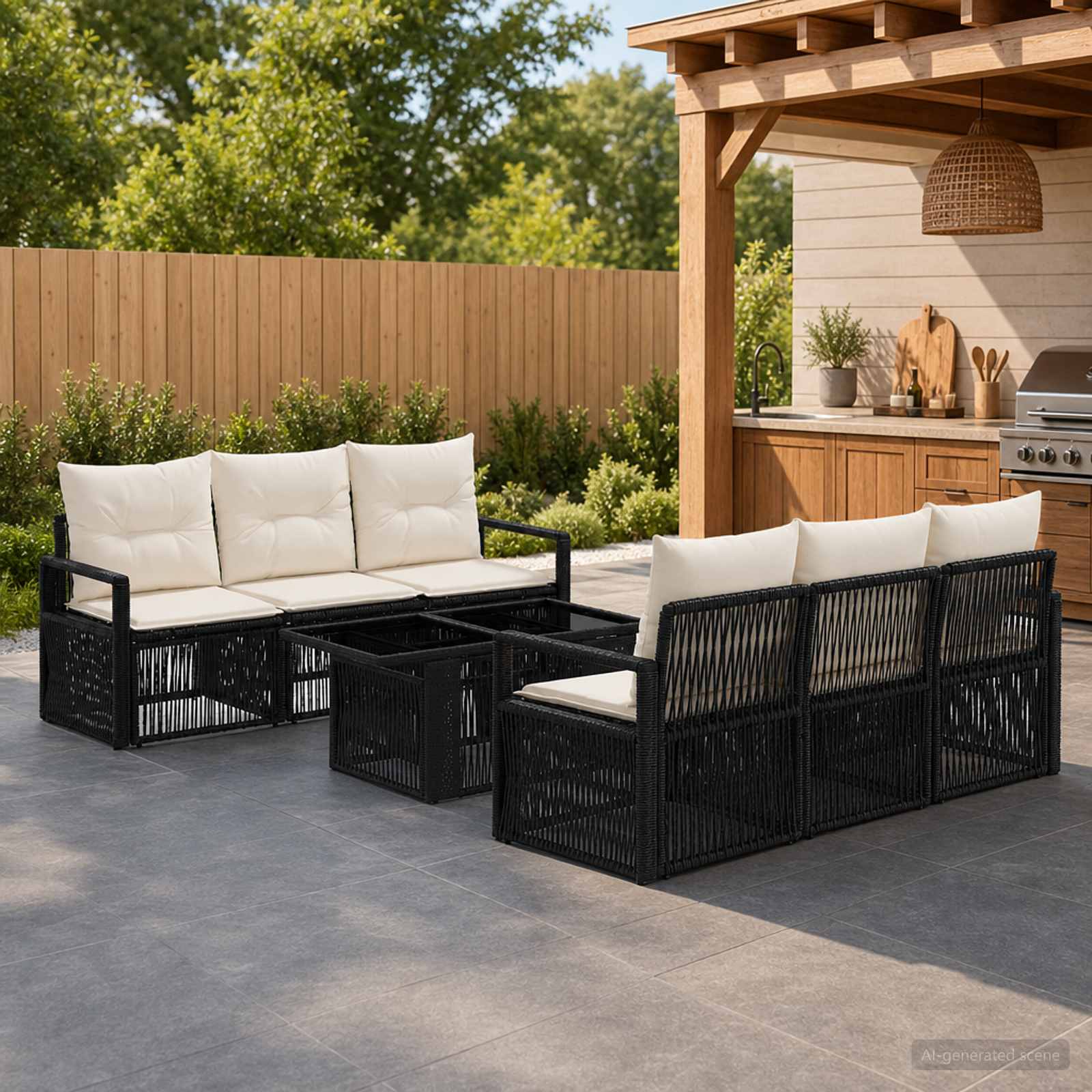 Gartensofa-set 7 stk. Schwarz und Cremeweiß Poly-Rattan