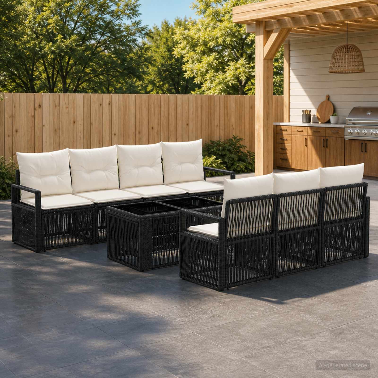 Gartensofa-set 8 stk. Schwarz und Cremeweiß Poly-Rattan