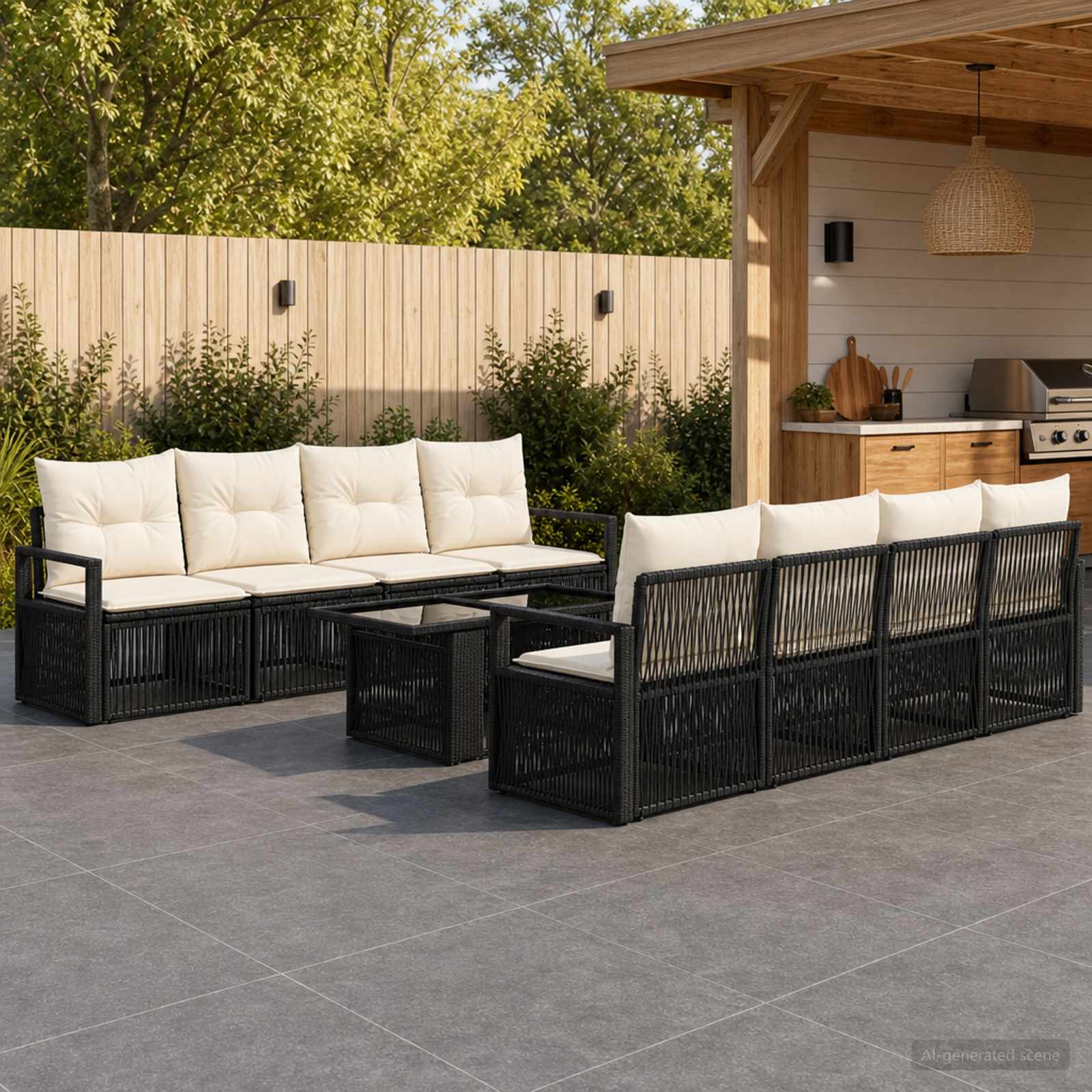Gartensofa-set 9 stk. Schwarz und Cremeweiß Poly-Rattan