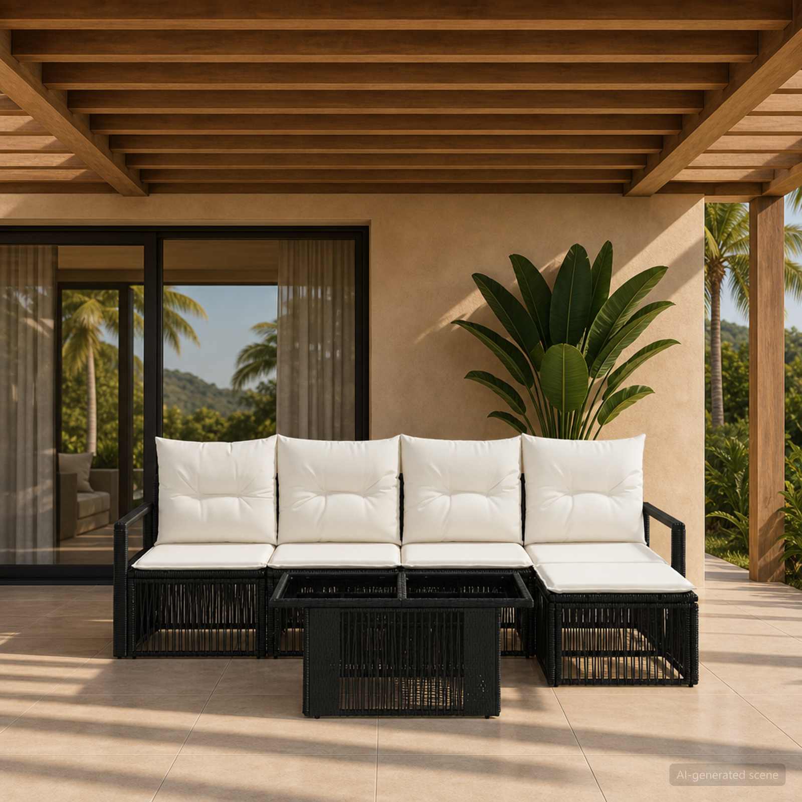 Gartensofa-set 6 stk. Schwarz und Cremeweiß Poly-Rattan