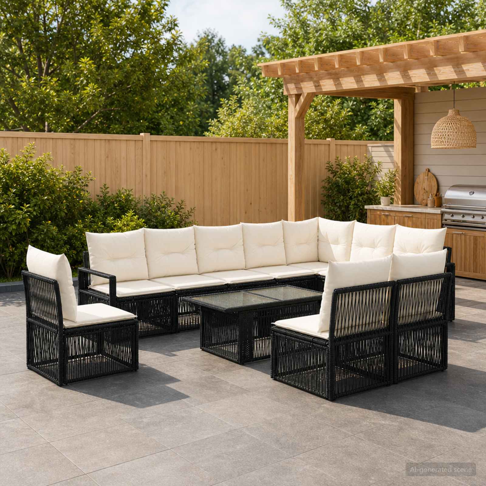 Gartensofa-set 11 stk. Schwarz und Cremeweiß Poly-Rattan