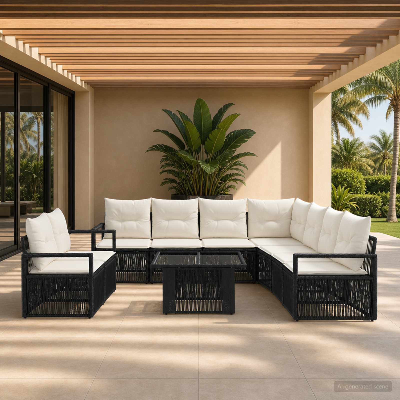 Gartensofa-set 10 stk. Schwarz und Cremeweiß Poly-Rattan