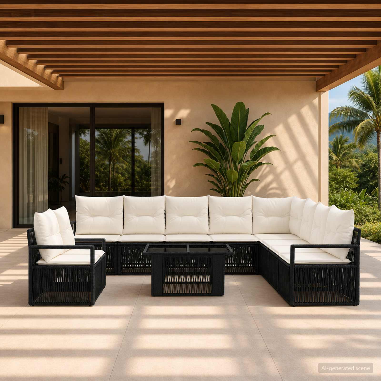 Gartensofa-set 11 stk. Schwarz und Cremeweiß Poly-Rattan
