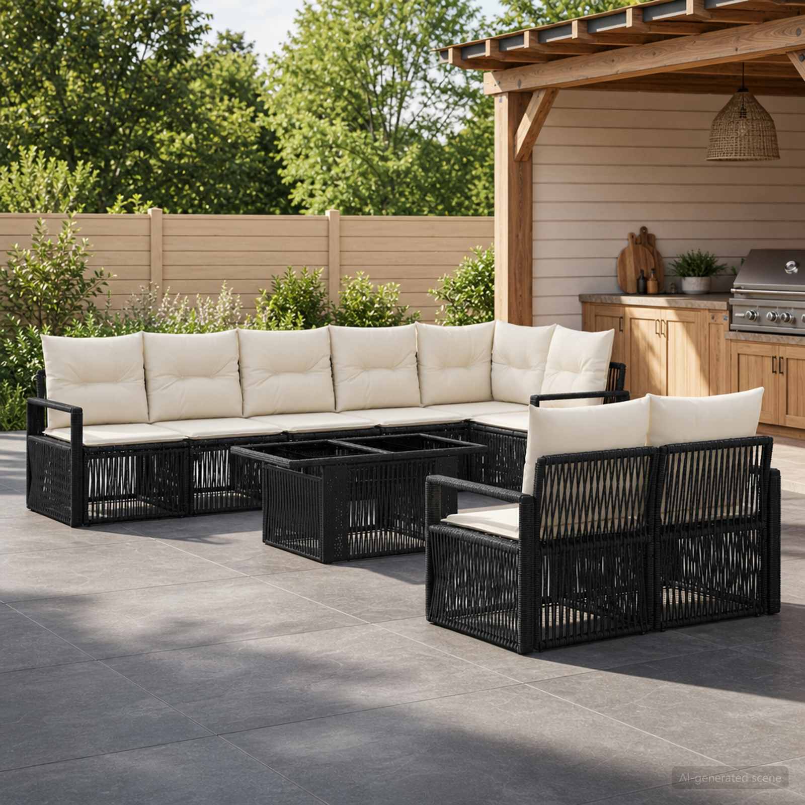 Gartensofa-set 9 stk. Schwarz und Cremeweiß Poly-Rattan