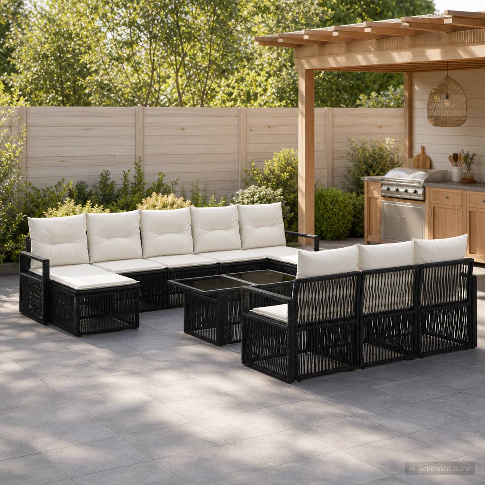 Gartensofa-set 11 stk. Schwarz und Cremeweiß Poly-Rattan