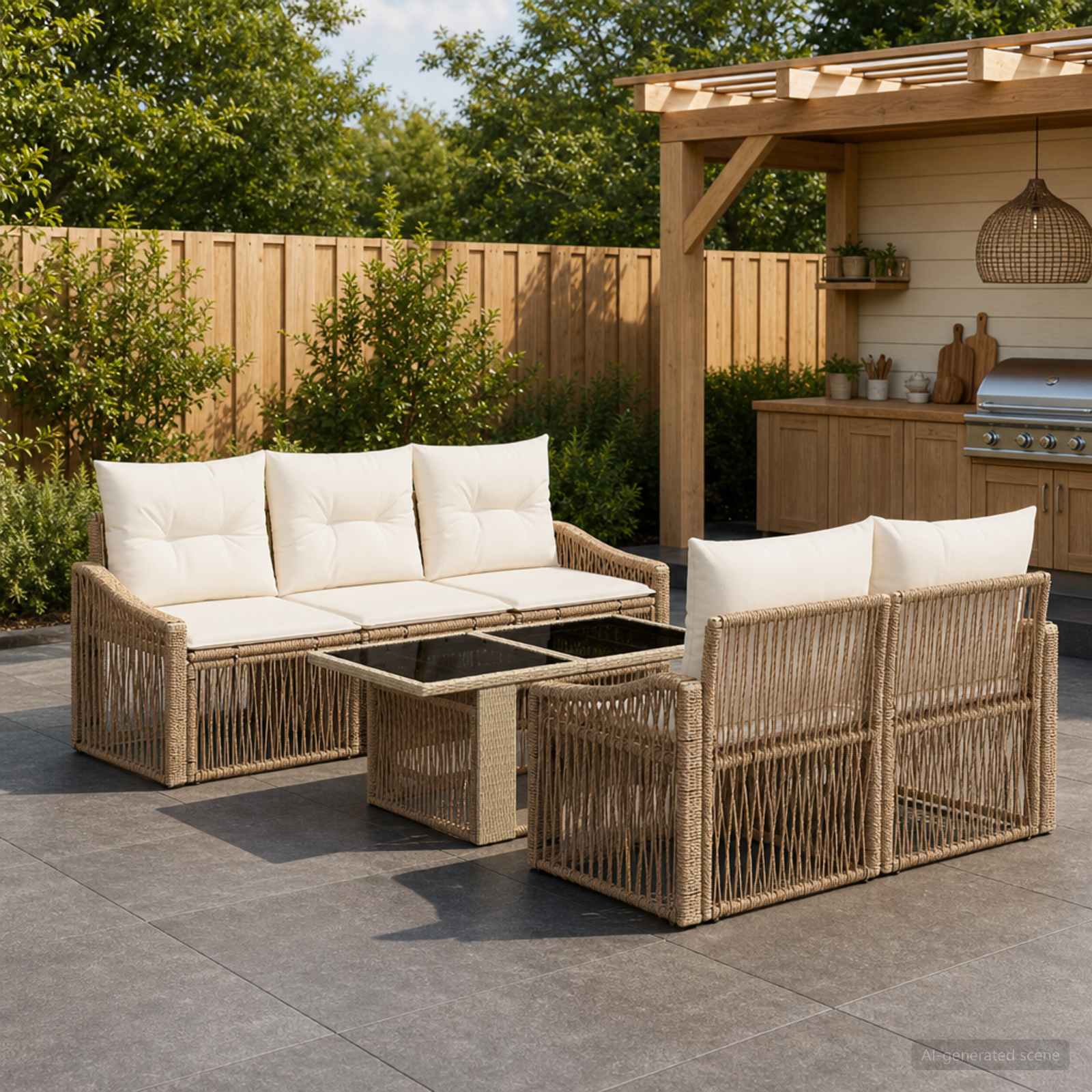 Gartensofa-set 6 stk. Beige und Cremeweiß Poly-Rattan