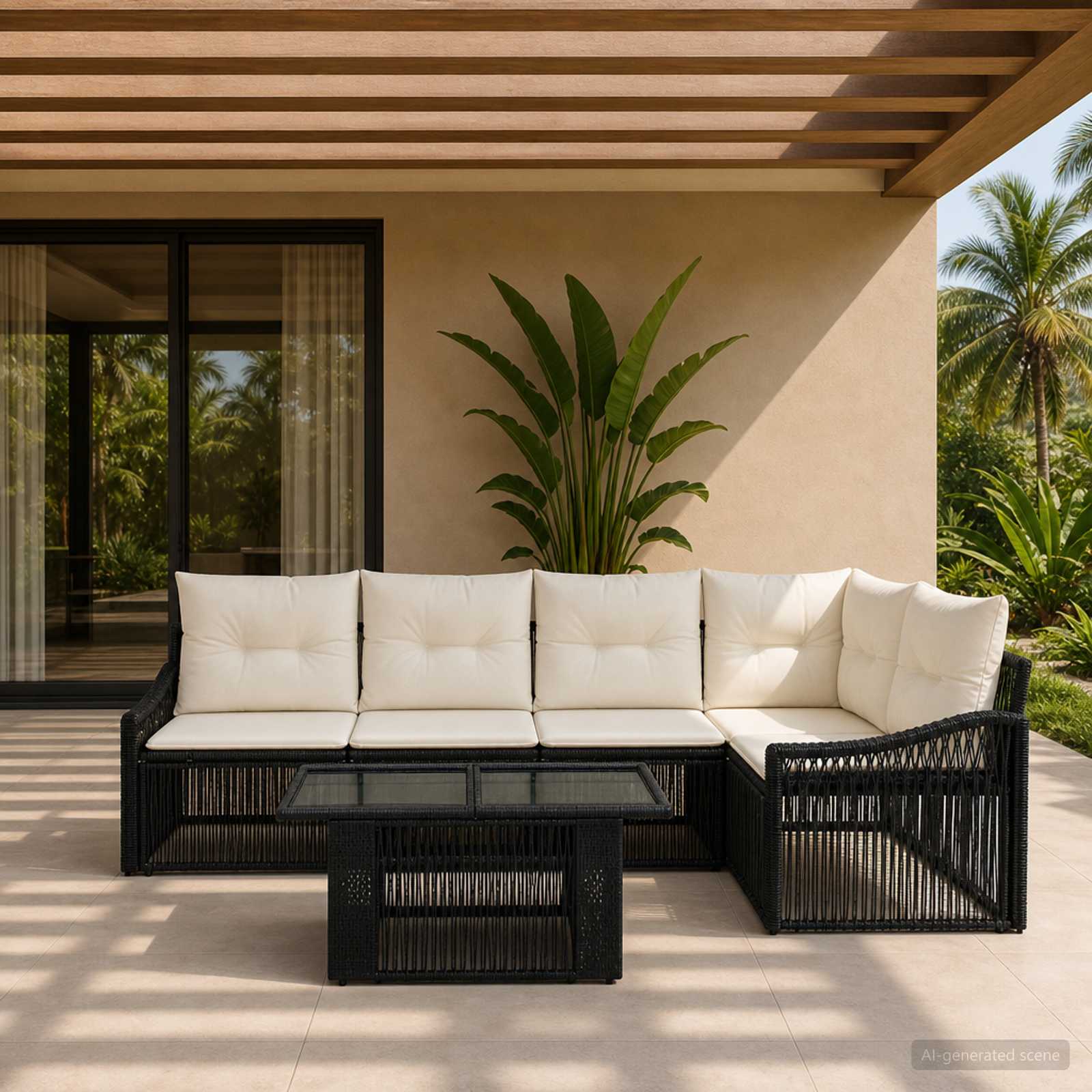 Gartensofa-set 6 stk. Schwarz und Cremeweiß Poly-Rattan