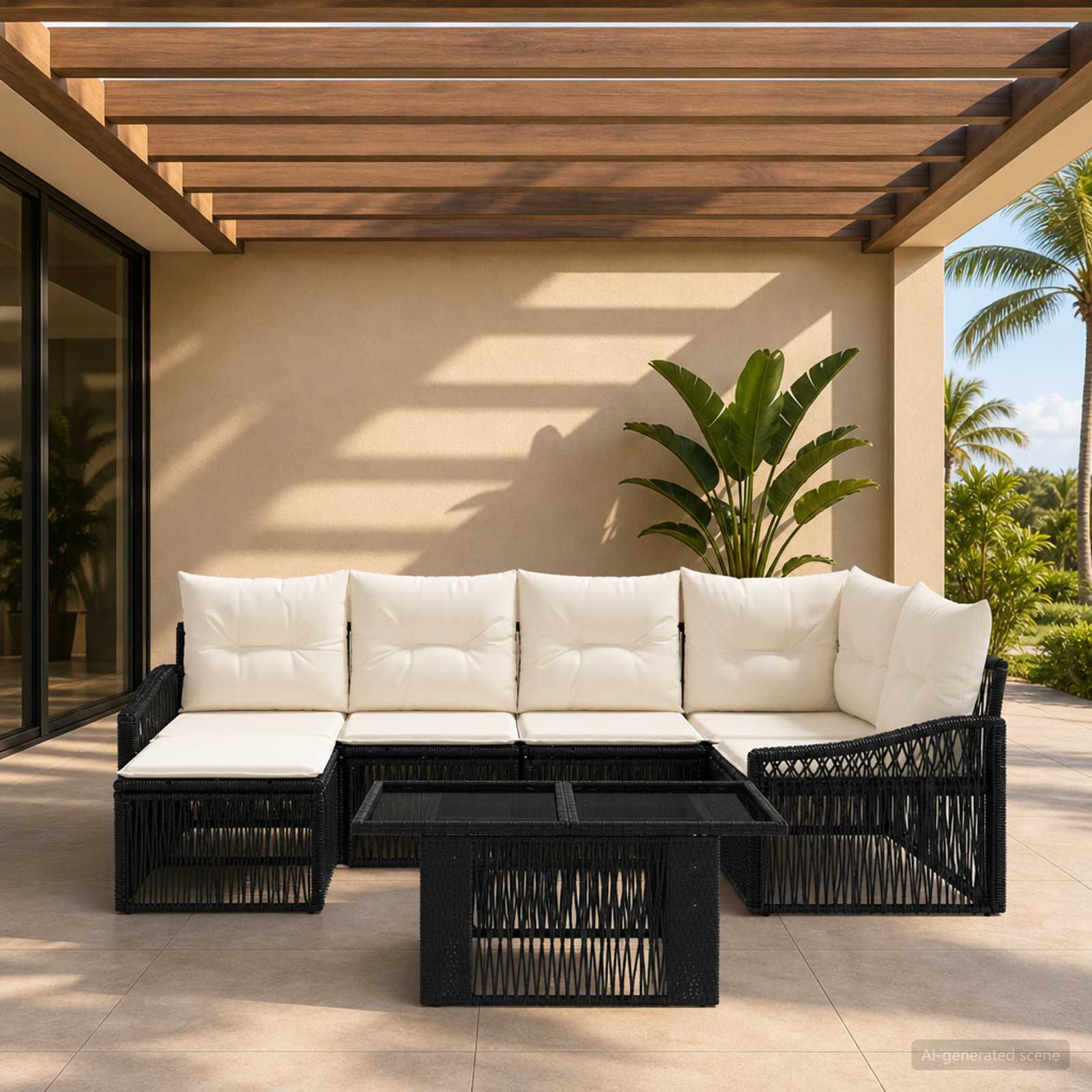 Gartensofa-set 7 stk. Schwarz und Cremeweiß Poly-Rattan