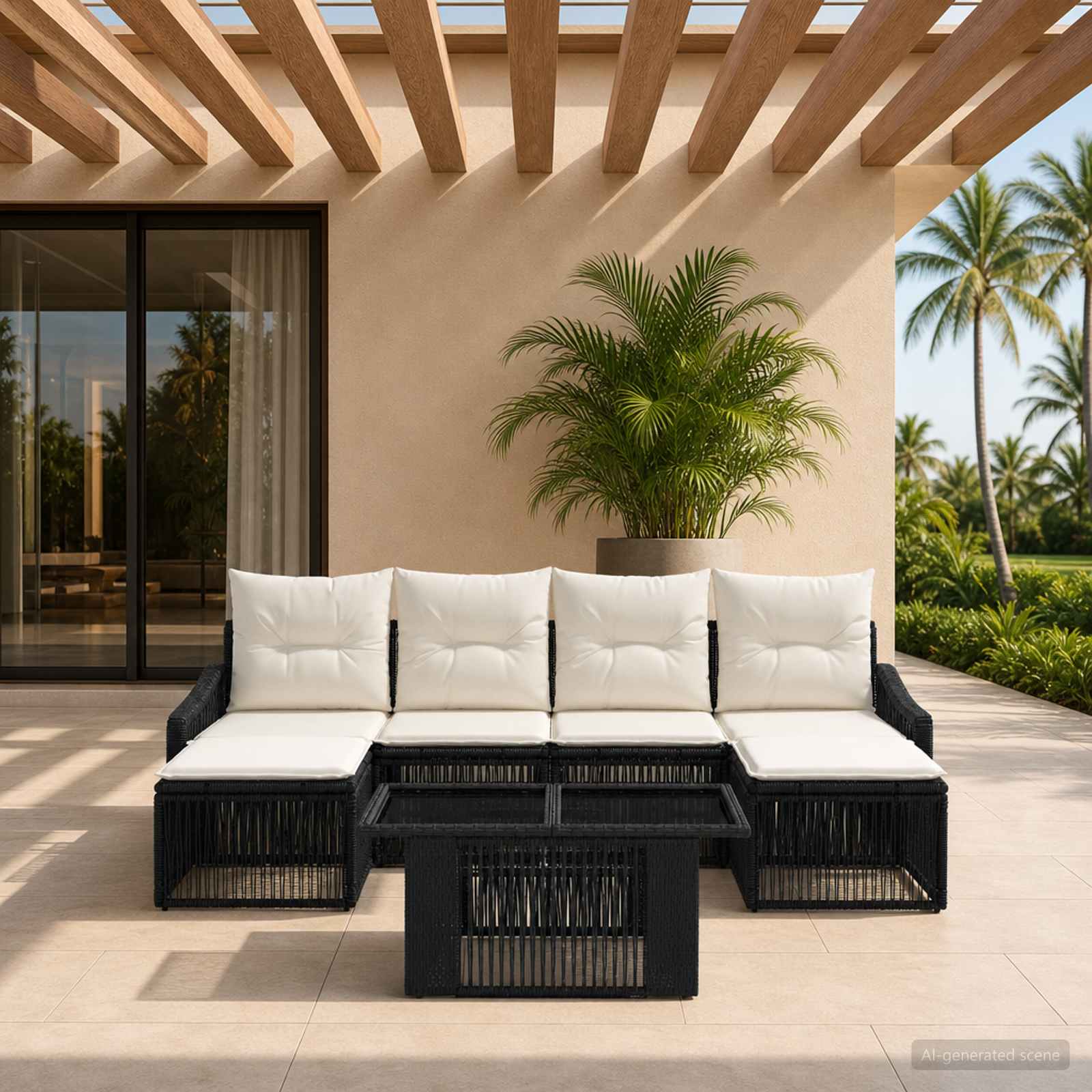 Gartensofa-set 7 stk. Schwarz und Cremeweiß Poly-Rattan