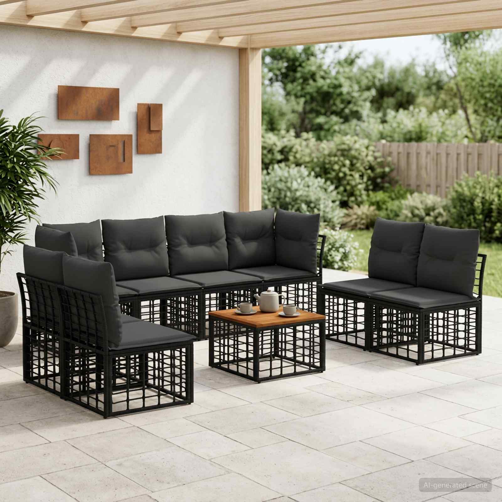 Outdoor-Sofagarnitur 9 stk. Schwarz und Dunkelgrau Polyester