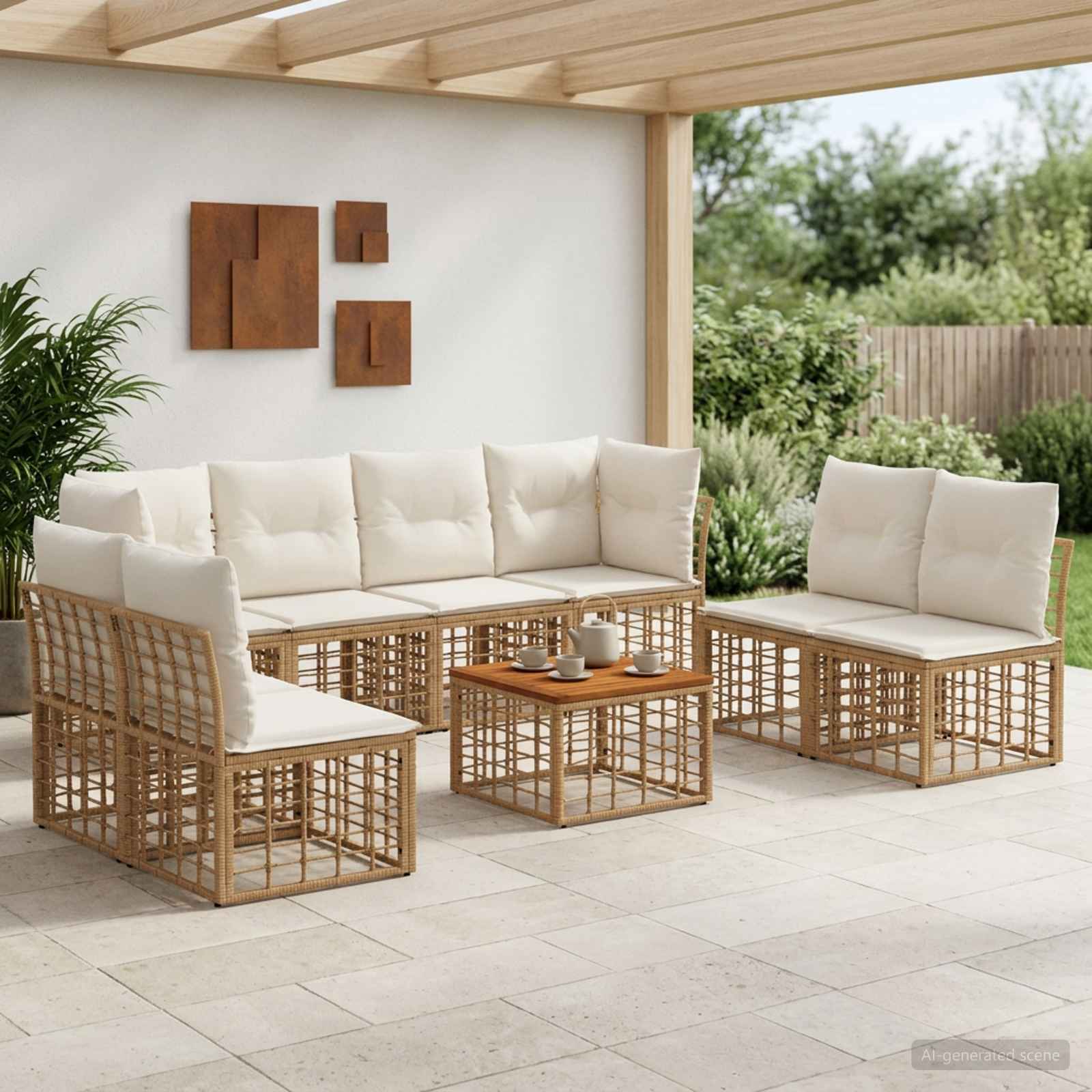 Outdoor-Sofagarnitur 9 stk. Natürlich und Cremweiß Polyester