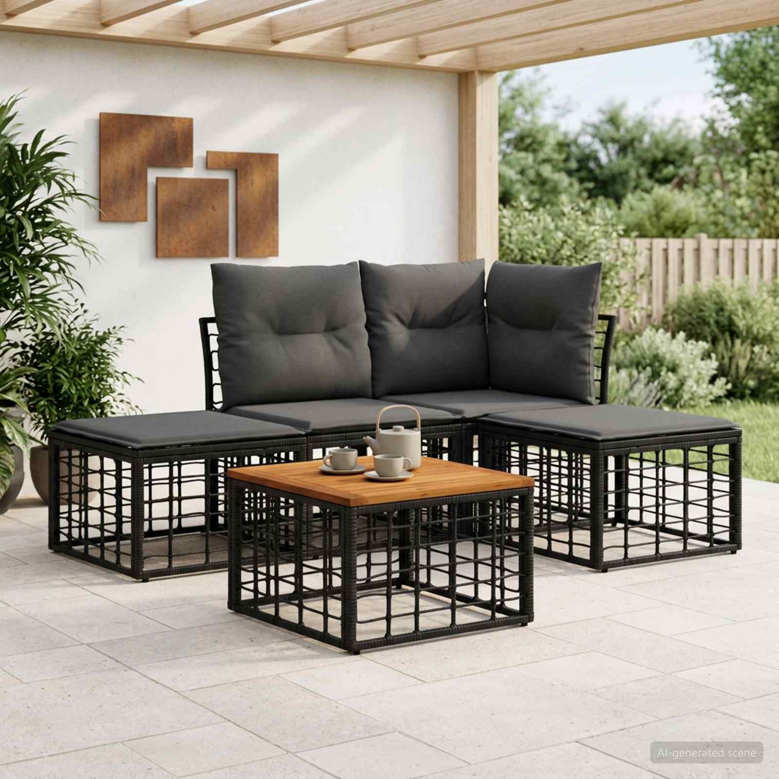 Outdoor-Sofagarnitur 5 stk. Schwarz und Dunkelgrau Polyester
