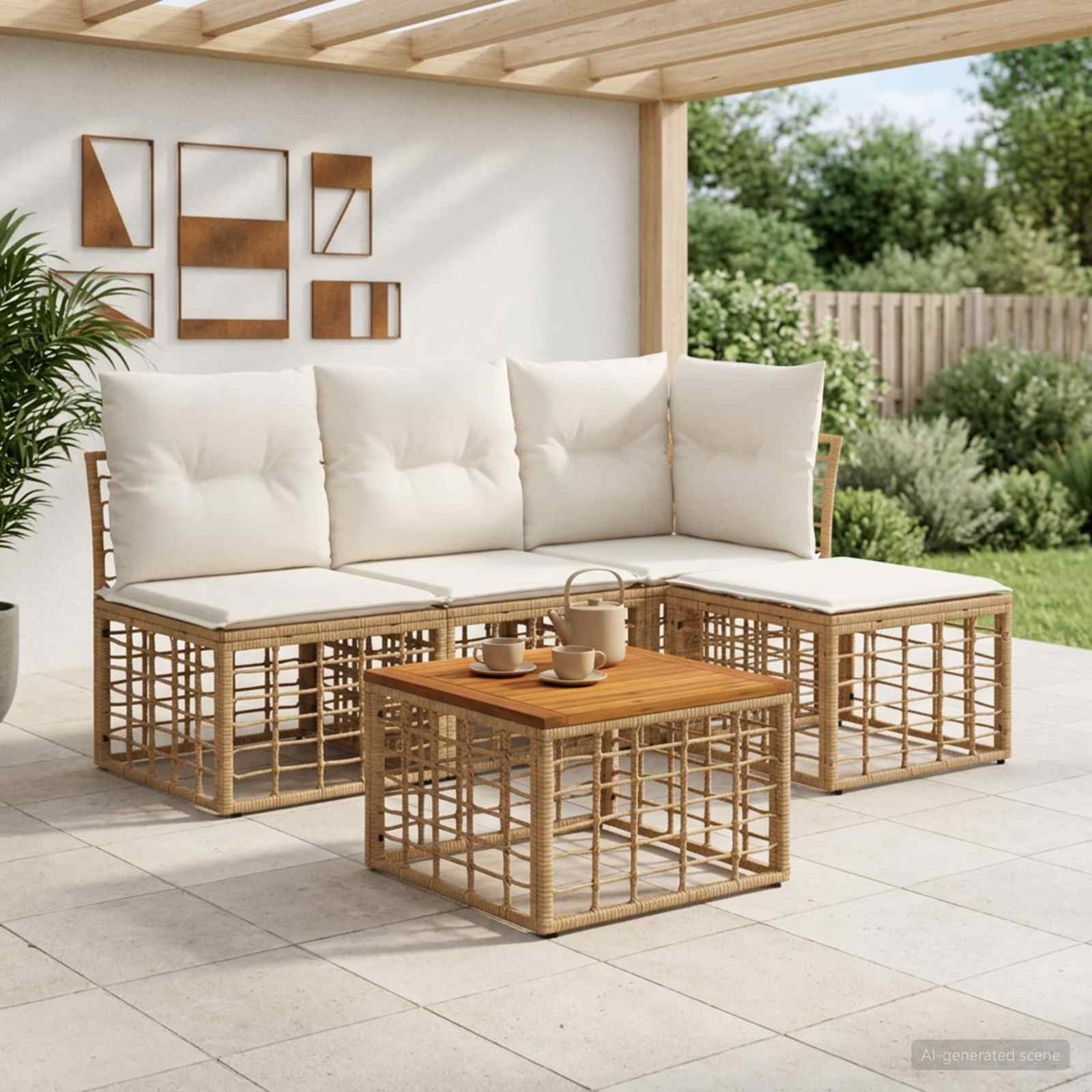 Outdoor-Sofagarnitur 5 stk. Natürlich und Cremweiß Polyester