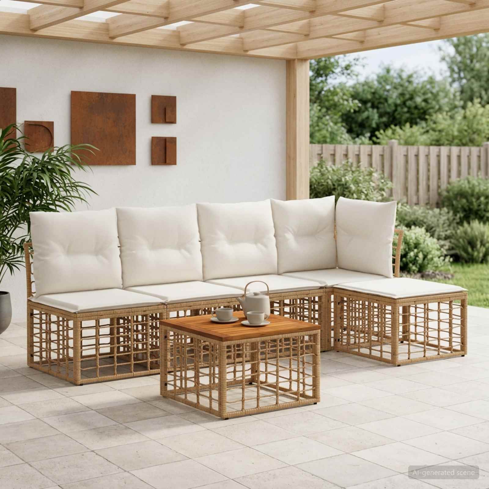 Outdoor-Sofagarnitur 6 stk. Natürlich und Cremweiß Polyester