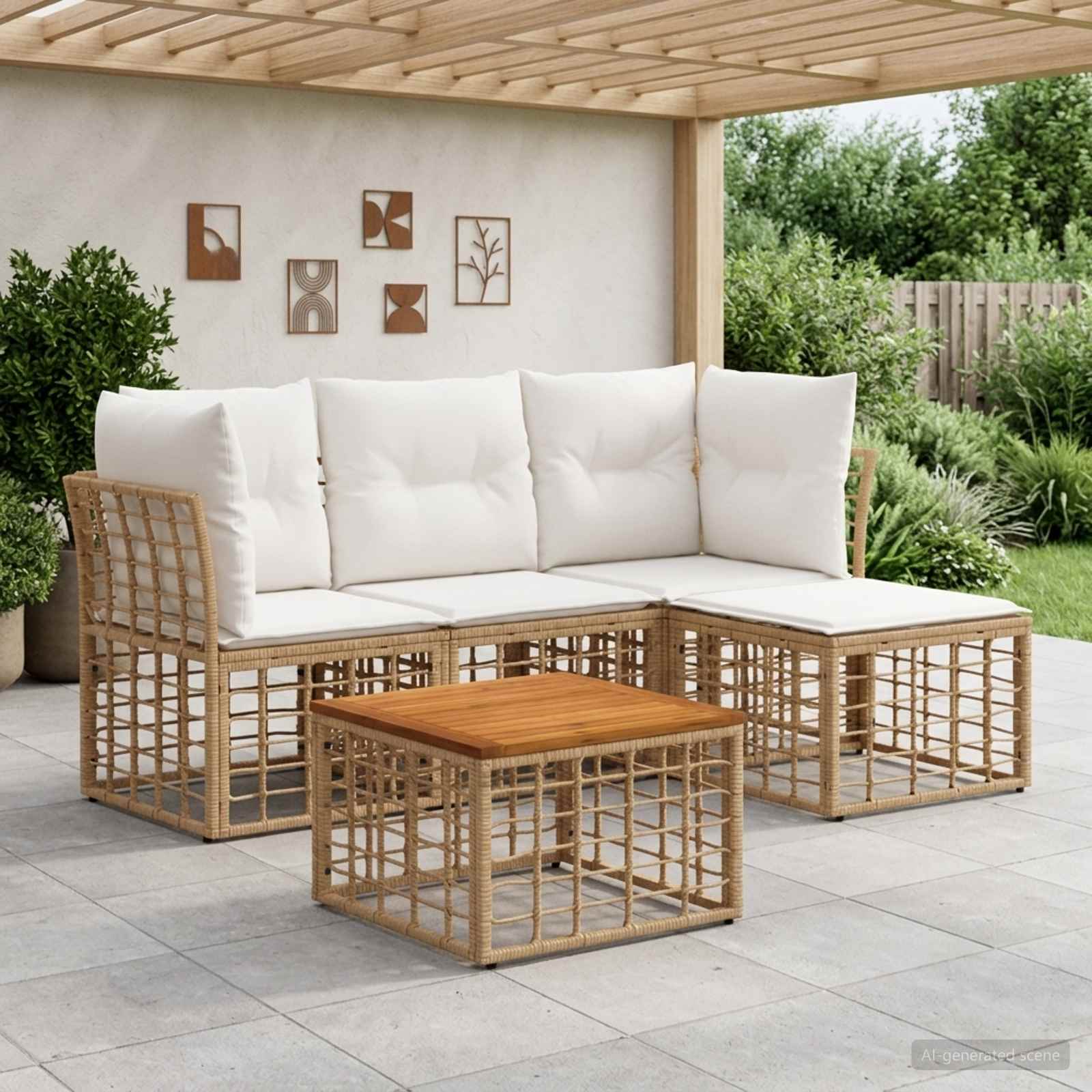 Outdoor-Sofagarnitur 5 stk. Natürlich und Cremweiß Polyester