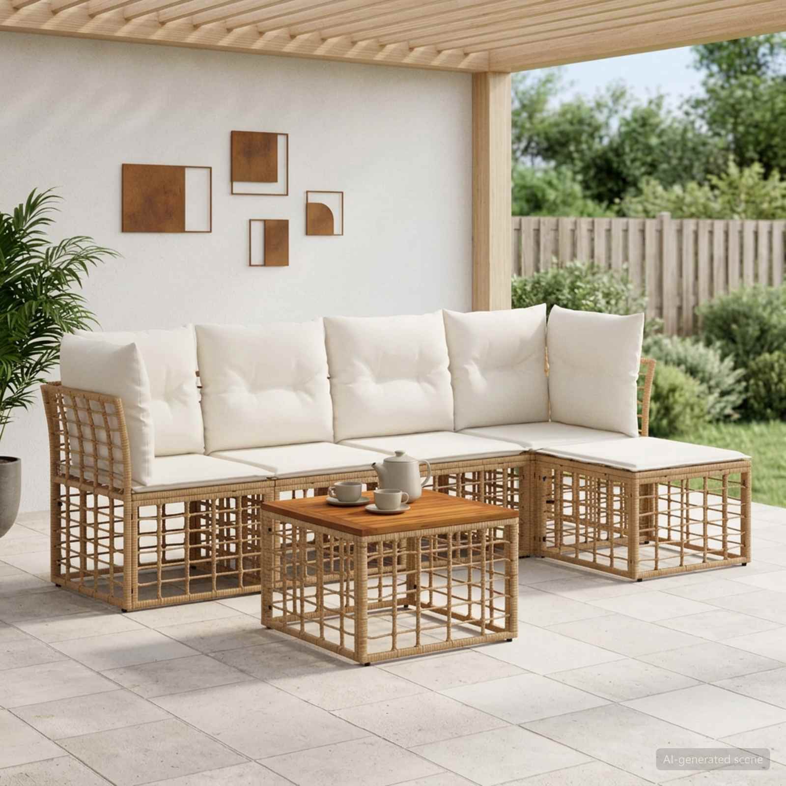 Outdoor-Sofagarnitur 6 stk. Natürlich und Cremweiß Polyester