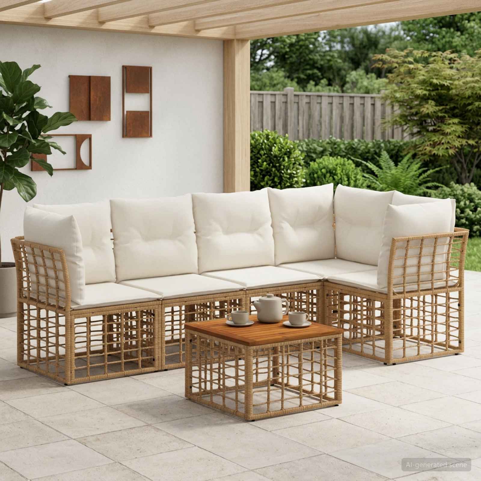 Outdoor-Sofagarnitur 6 stk. Natürlich und Cremweiß Polyester
