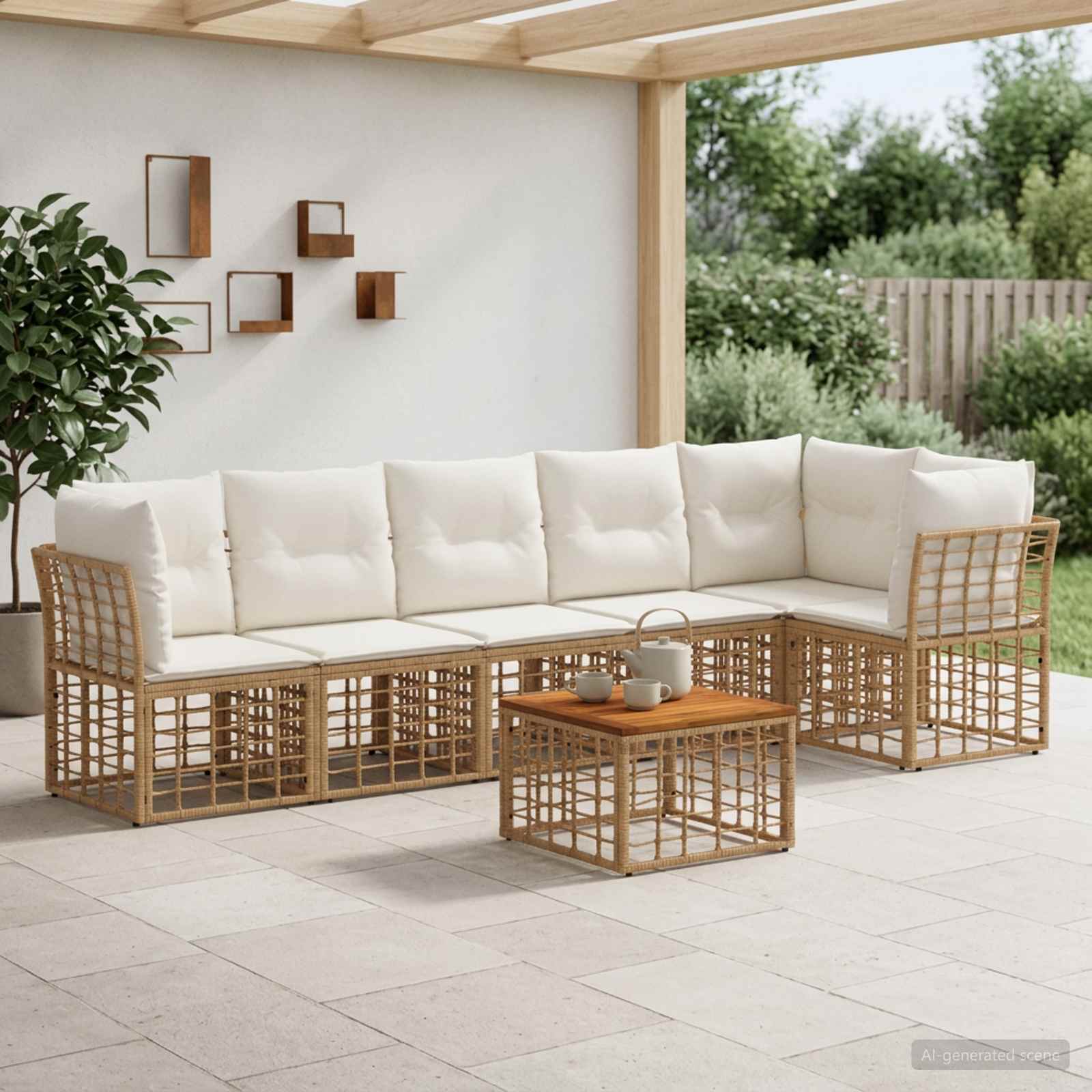 Gartensofa-set 7 stk. Natürlich und Cremweiß Poly-Rattan